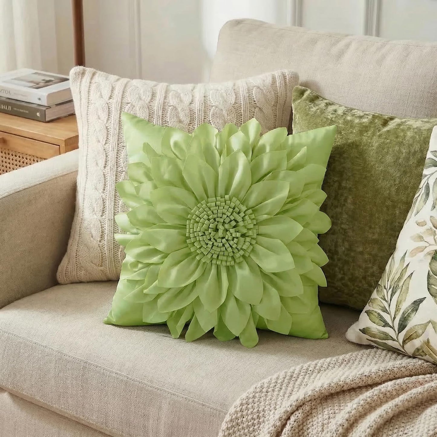 Bella's Giftshop 3D Sunflower Decorative Throw Pillow Covers for Bed Sofa Couch Chair, Accent Floral Taffeta Cushion Cover, Handmade Pillow Cases Living Room Decor, 17x17 Inch-Green/Sage