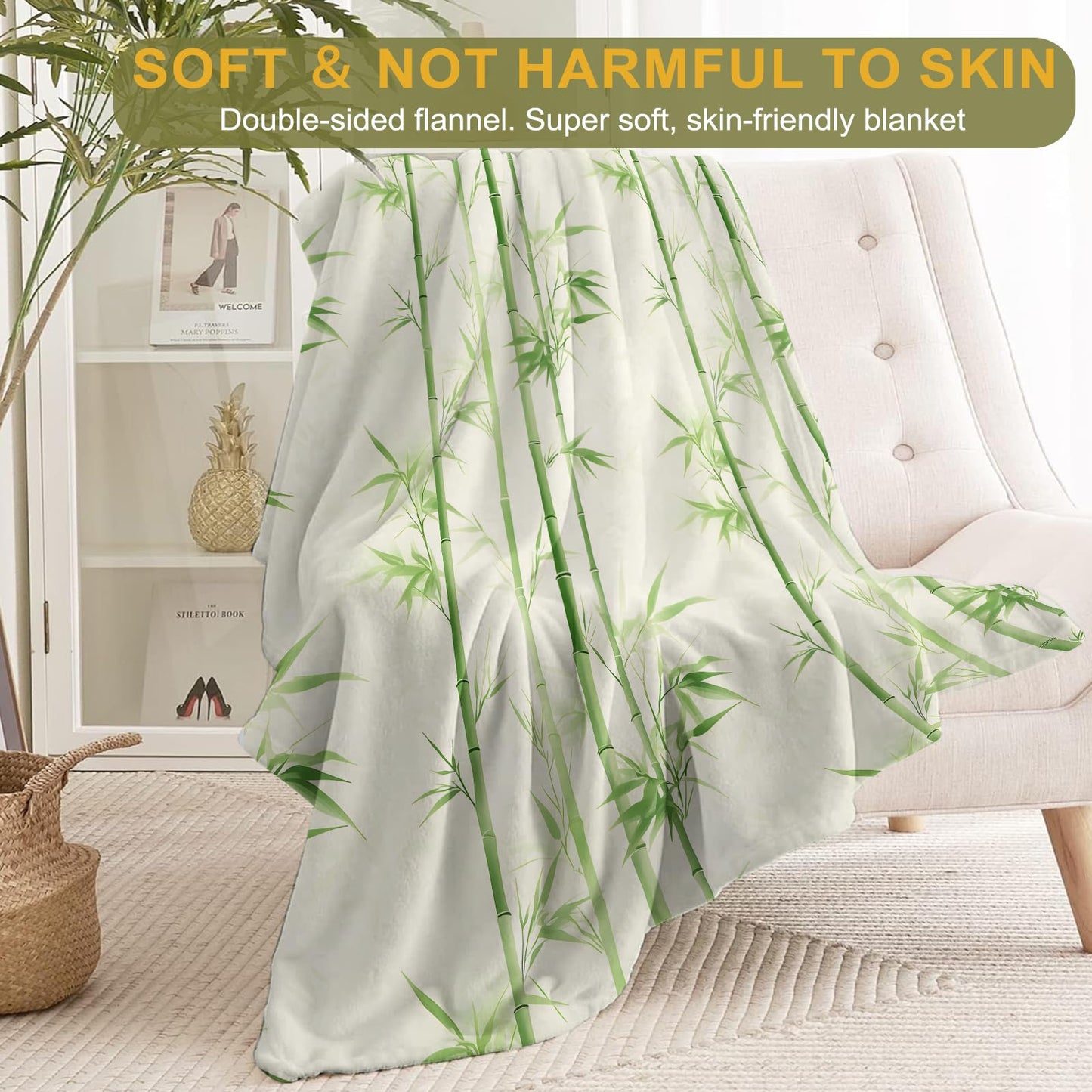 ainori Tranquil Zen Flannel Blanket - Bamboo Grove with Soothing Green Bamboo on Cream Throw - Soft Cozy Gifts Blankets for Nature Lovers, Modern Spa Room Decor,Peaceful Home Accents 50x60in