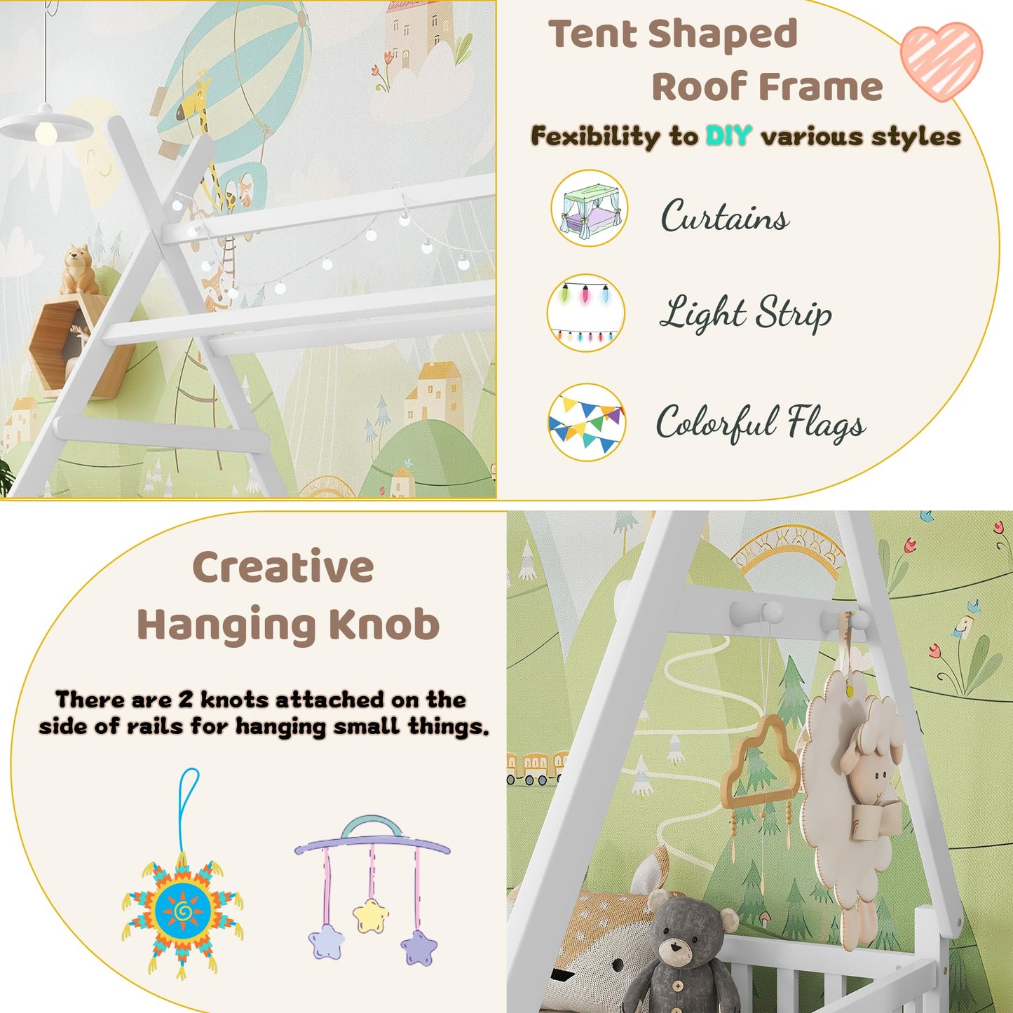 MoproBeti Montessori Bed Full Size with Light and Slats, Wood Teepee Floor Bed for Kids Boys Girls,House Bed Frame with Rails & Roof,No Box Spring Needed, White