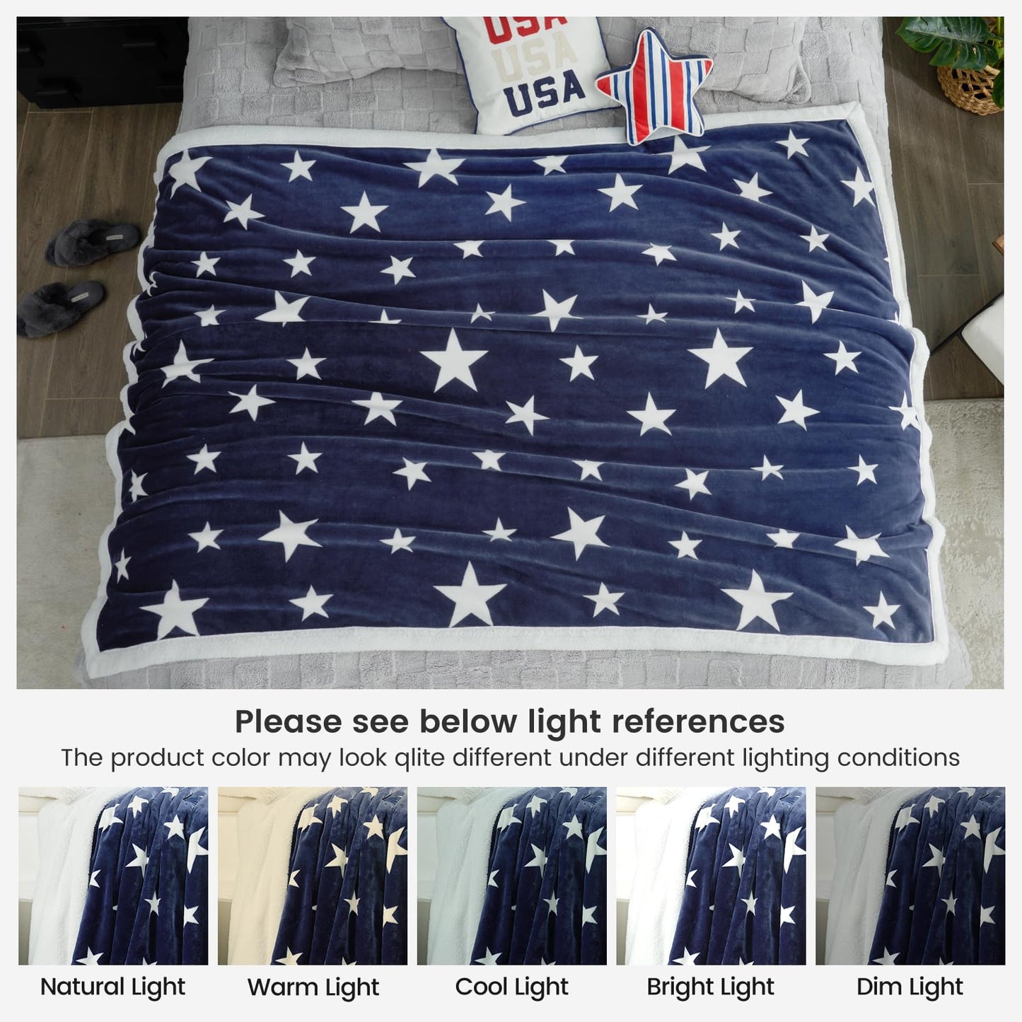 Cozy Bliss Patriotic Throw Blanket for Couch, Luxury Reversible Sherpa Throw with Star Design, Thick Warm Cozy Soft Blanket for Sofa, Bed, Home Decor and Gifts, Navy Blue, 60" x 80"