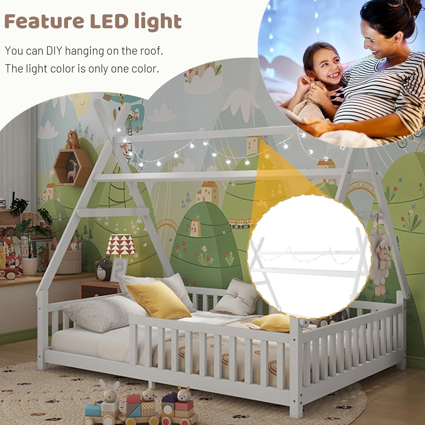 MoproBeti Montessori Bed Full Size with Light and Slats, Wood Teepee Floor Bed for Kids Boys Girls,House Bed Frame with Rails & Roof,No Box Spring Needed, White