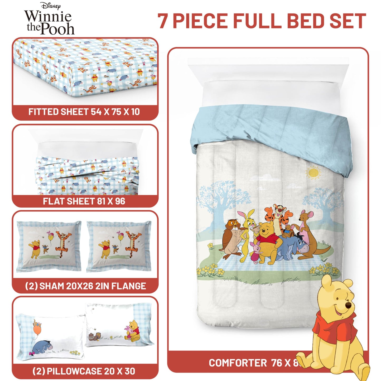 Jay Franco Kids Comforter Set Includes Sheets and Pillow Covers - Soft and Cozy Bed Set for Stylish Room Decor, Official Licensed Bedding, White - Winnie The Pooh, 7 Piece Full