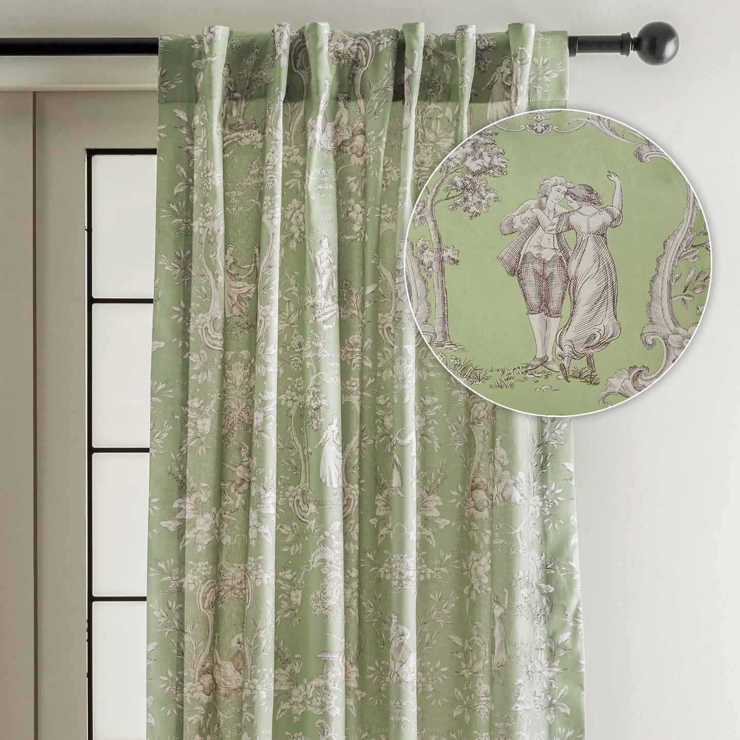 Maison d' Hermine Curtains for Living Room 100% Cotton 96 inch Length One Panel Light Filtering Toile Curtains for Bedroom Windows with Rod and Loop Pockets Drapes (Joli Jouy Green, 50" W x 96" L)