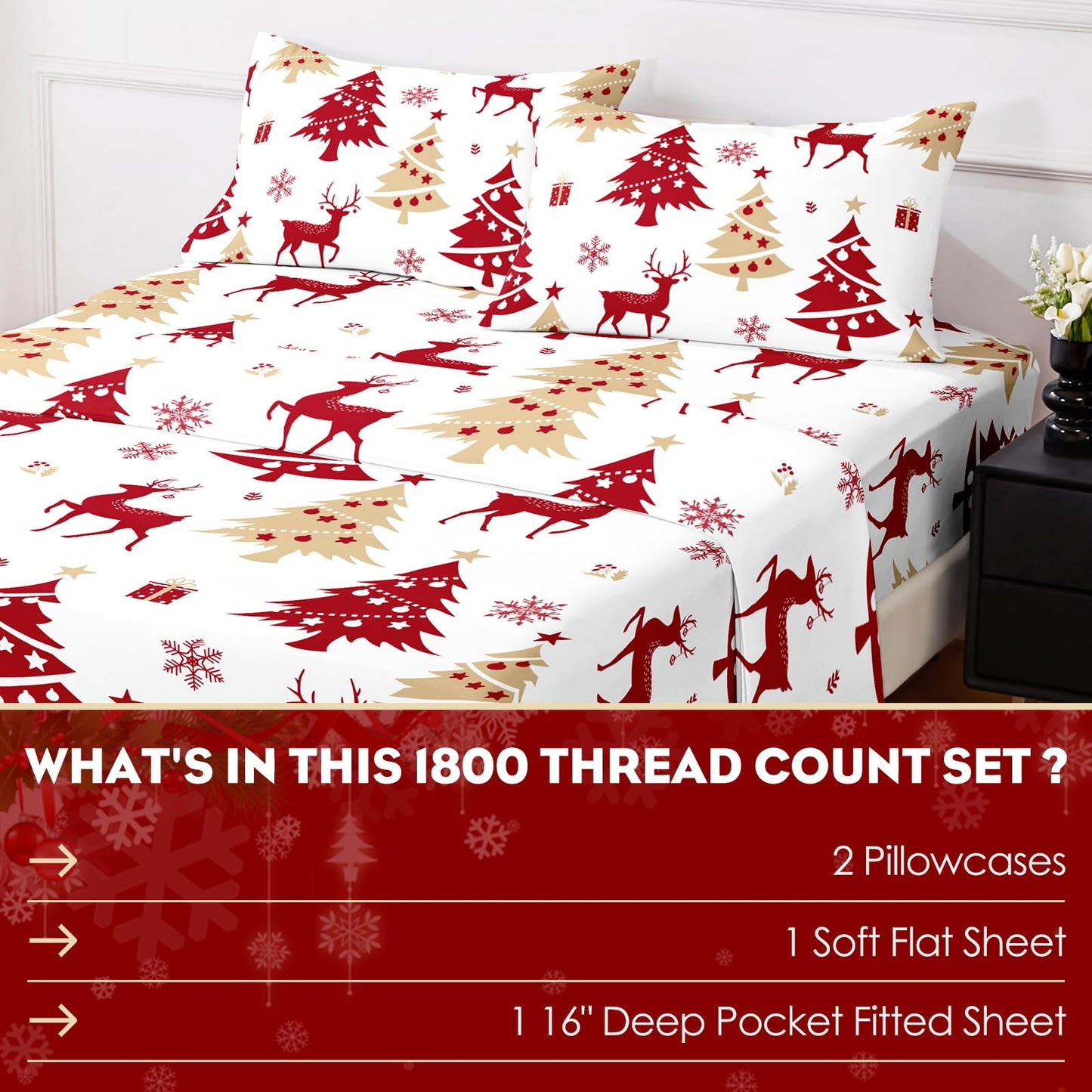 HCORA Christmas King Size Sheets Set, Luxury 1800TC Hotel Quality Double Brushed Microfiber Deep Pocket Bed Sheets, Ultra Soft, Breathable, 4PC, King