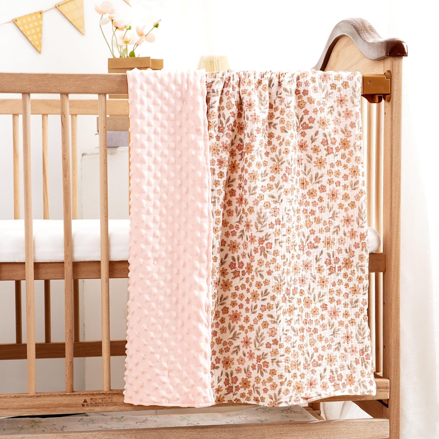 CoolaPeach 2 Pack Minky Baby Blankets,Super Soft Receiving Blankets with Muslin Cotton Front & Dotted Fleece Backing,39x29.5 Inches,Printed Bed Throws Newborn(Florals)