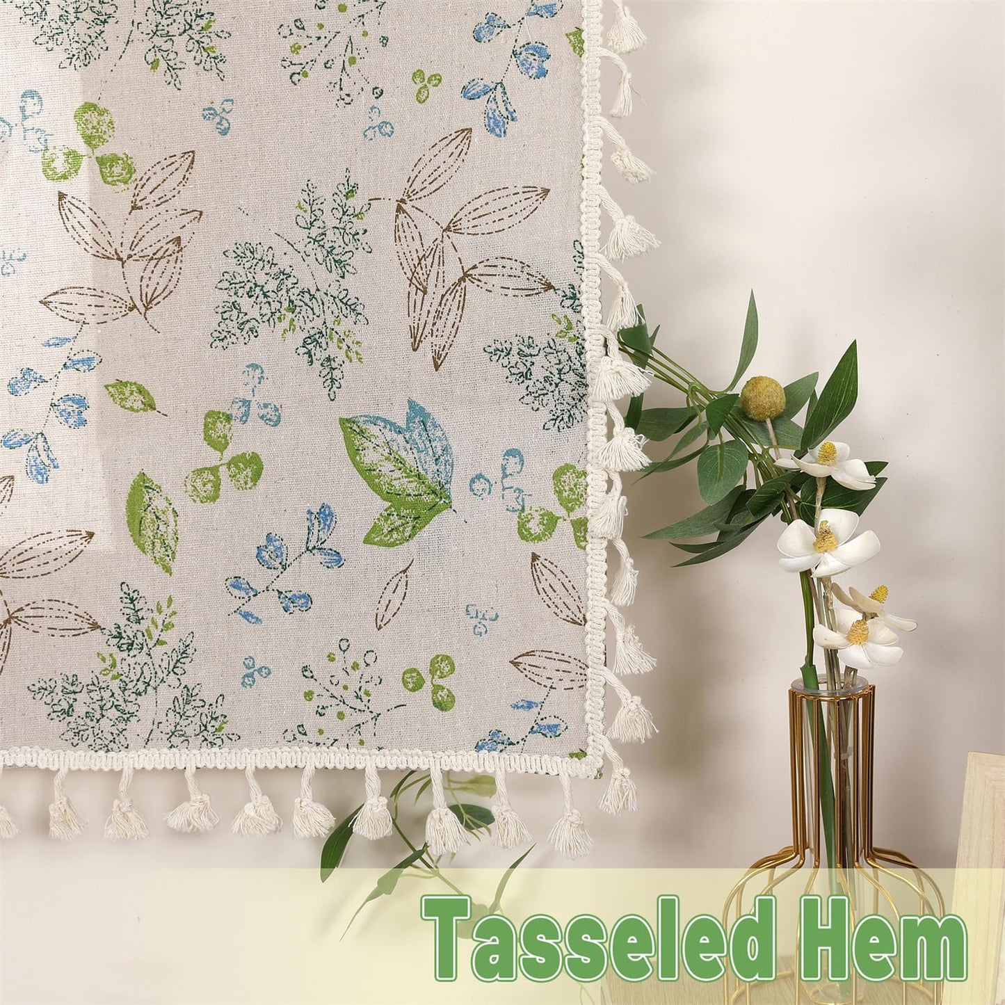 Moslovstar 2 Panels Linen Tassels Curtains Farmhouse Green Branch Leaves Vintage Semi Sheer Window Curtain for Kitchen Bathroom, 26x36in Tiers Curtain