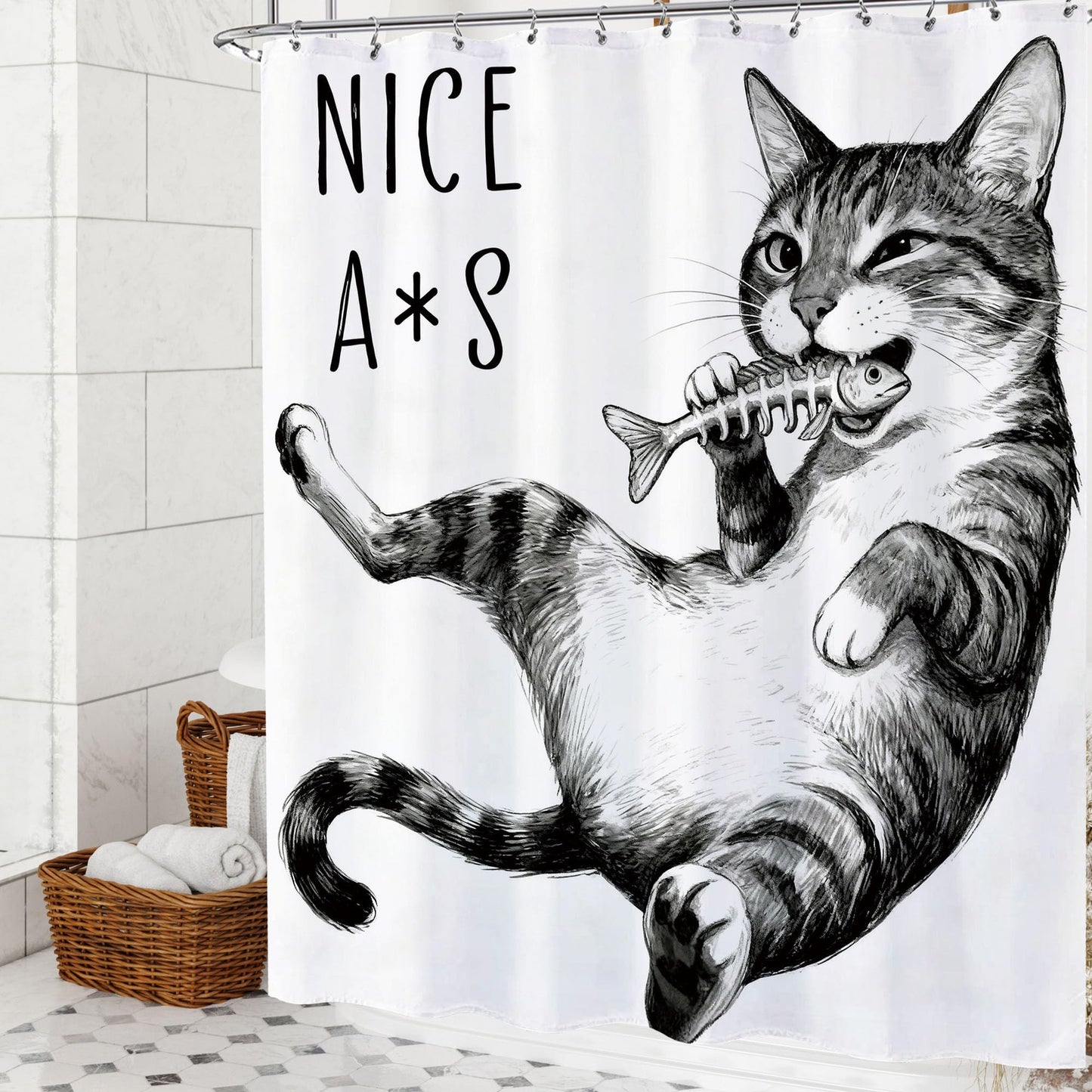 Opeoddie Cute Cat Shower Curtain Fun Animal Boys Kids Shower Curtains Sets for Bathroom Cats Fish Whimsical Ridiculous Black and White Bath Curtain Kitten Teen Funny Bathroom Decor 60x72 Inch