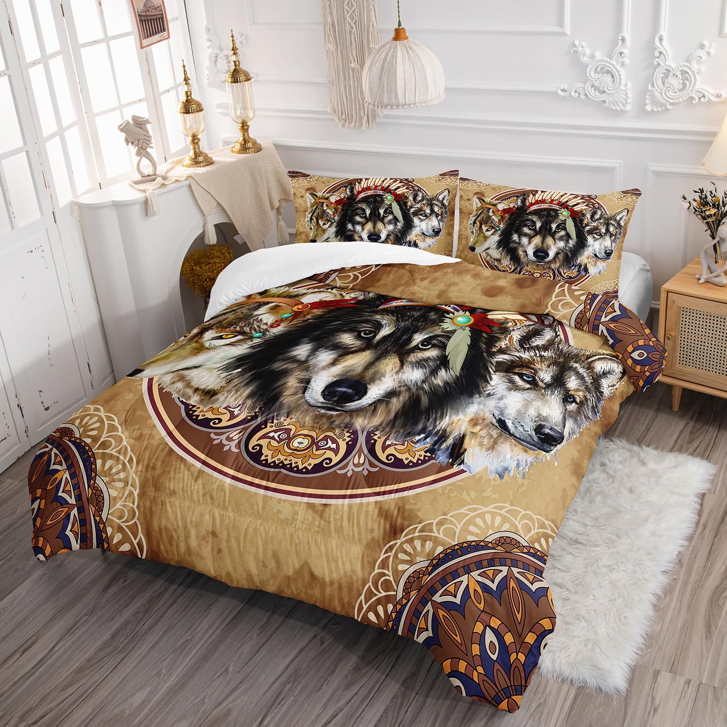 AILONEN Dreamcatcher Wolf Comforter Set Queen Size,Native American Wolf Bedding Set,Bohemian Comforter Sets,American Indian Theme Duvet Set 3 Pieces, 1 Quilt and 2 Pillowcases