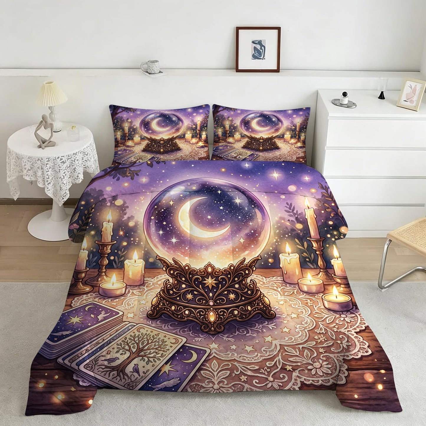 DJNEAR Mystical Crystal Ball Bedding Set Twin Size, 2 Piece Soft Microfiber Comforter Set with Tarot and Moon Print, Includes 1 Comforter 1 Pillowcases for Witchy Bedroom Decor
