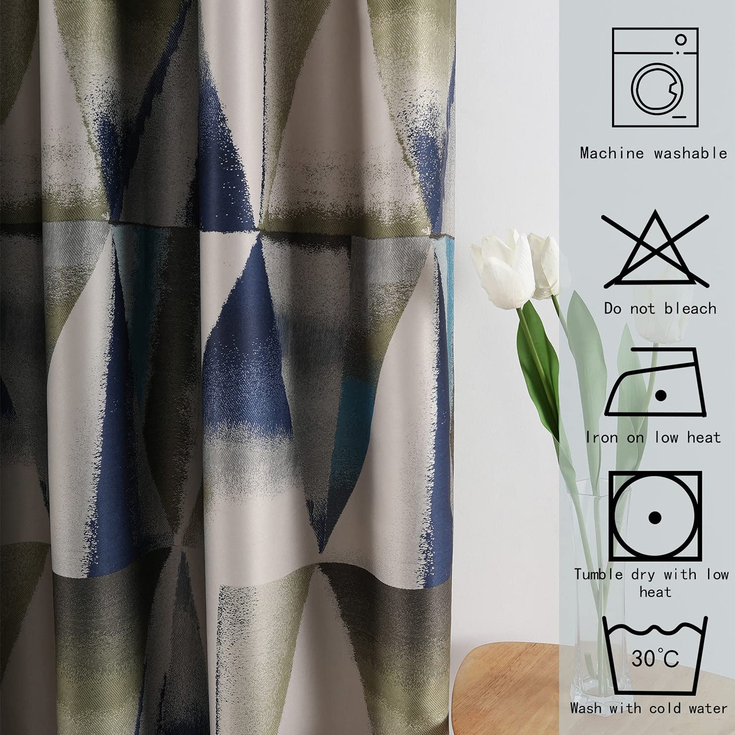 Leeva Geometric Print Blackout Curtains for Bedroom, Modern Blue Linen Privacy Light Reducing Heavy and Thick Grommet Drapes for Dining Room, Set of 2, 52 x 96