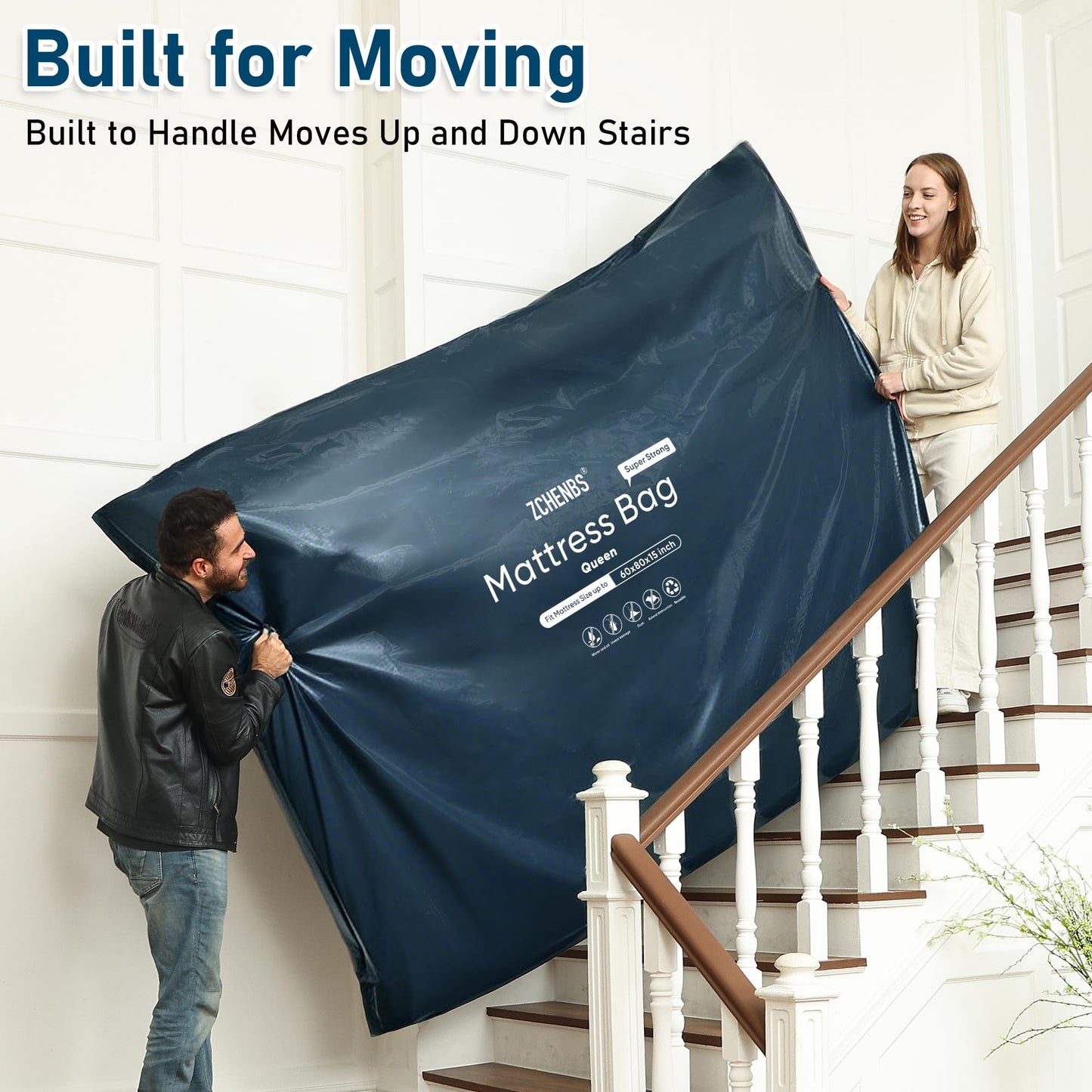 ZCHENBS® - Queen Mattress Bags for Moving, Waterproof Mattress Storage Bag with Zipper, Heavy-Duty 5 Mil Ultra-Thick Bed Protector Cover for Moving, Reusable (Solid/Black, 1 Pack)