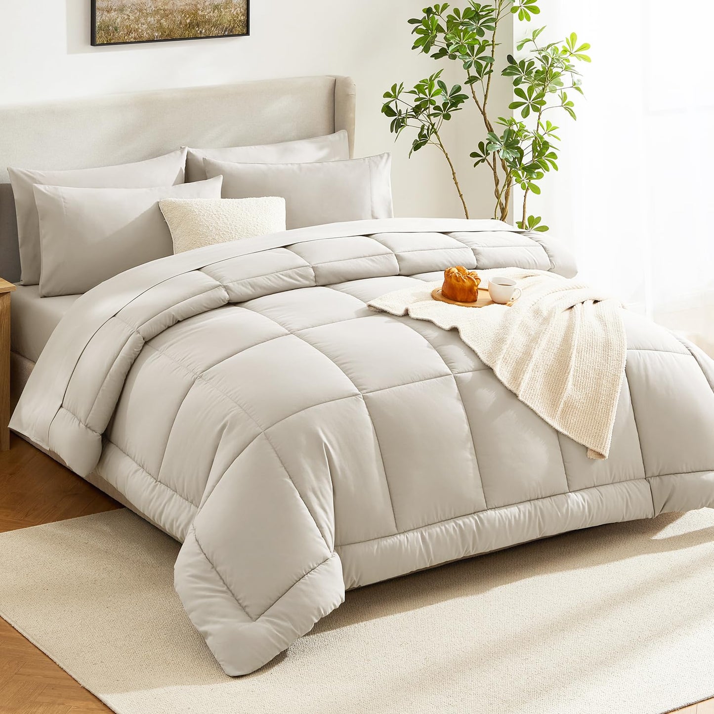 CozyLux Queen Comforter Set Beige, 7 Pieces Bed in a Bag, Beige Comforters Queen Size, All Season Bedding Sets with Stitch Quilted Comforter, Flat Sheet, Fitted Sheet, Pillowcases
