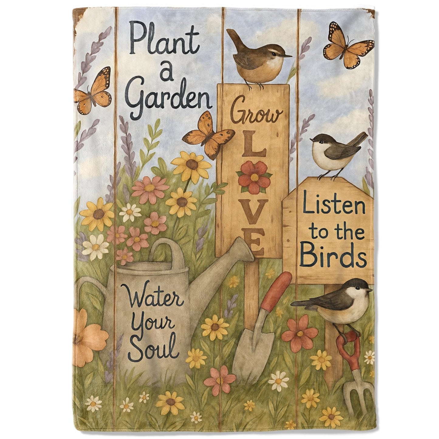 coedoaes Flower Garden Theme Fleece Blanket,40x50in,Bird Butterfly Watering Can Throw Retro Floral Blankets,Soft Cozy Lightweight, Ideal for Bed Living Room Home Nature Decor,Women Gifts