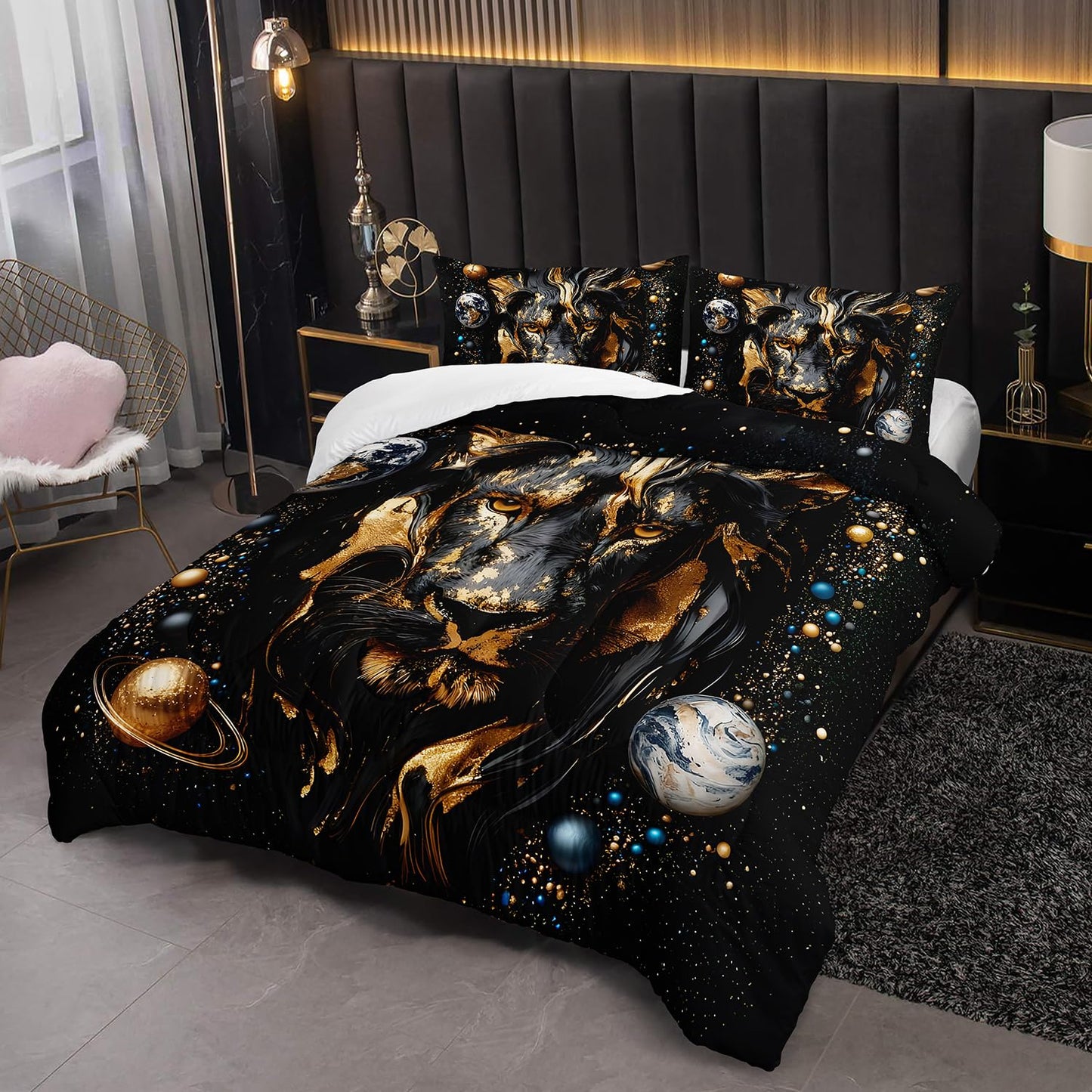 XYNHML 3D Black Golden Lion Theme Comforter 3Pcs Twin Outer Space Planet Earth Bedding Set for Kid Teen Girl Boy Adult Tropical African Wildlife Lion Quilt Bed Decor with 1 Comforter & 2 Pillowcases