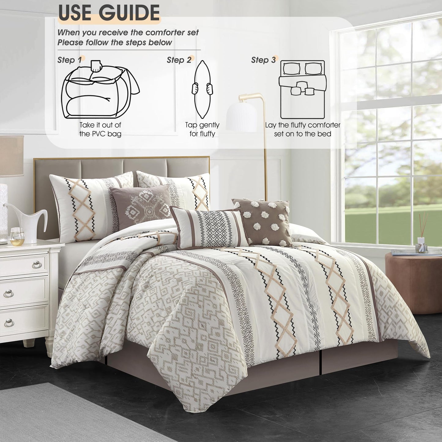 LANCO MODERN LIFESTYLE Taupe Queen Comforter Set, 7 Pieces All Season Bedding Sets in a Bag with Geometric Terry Embroidered Comforter, Bed Skirt, Pillow Shams and Decorative Pillows