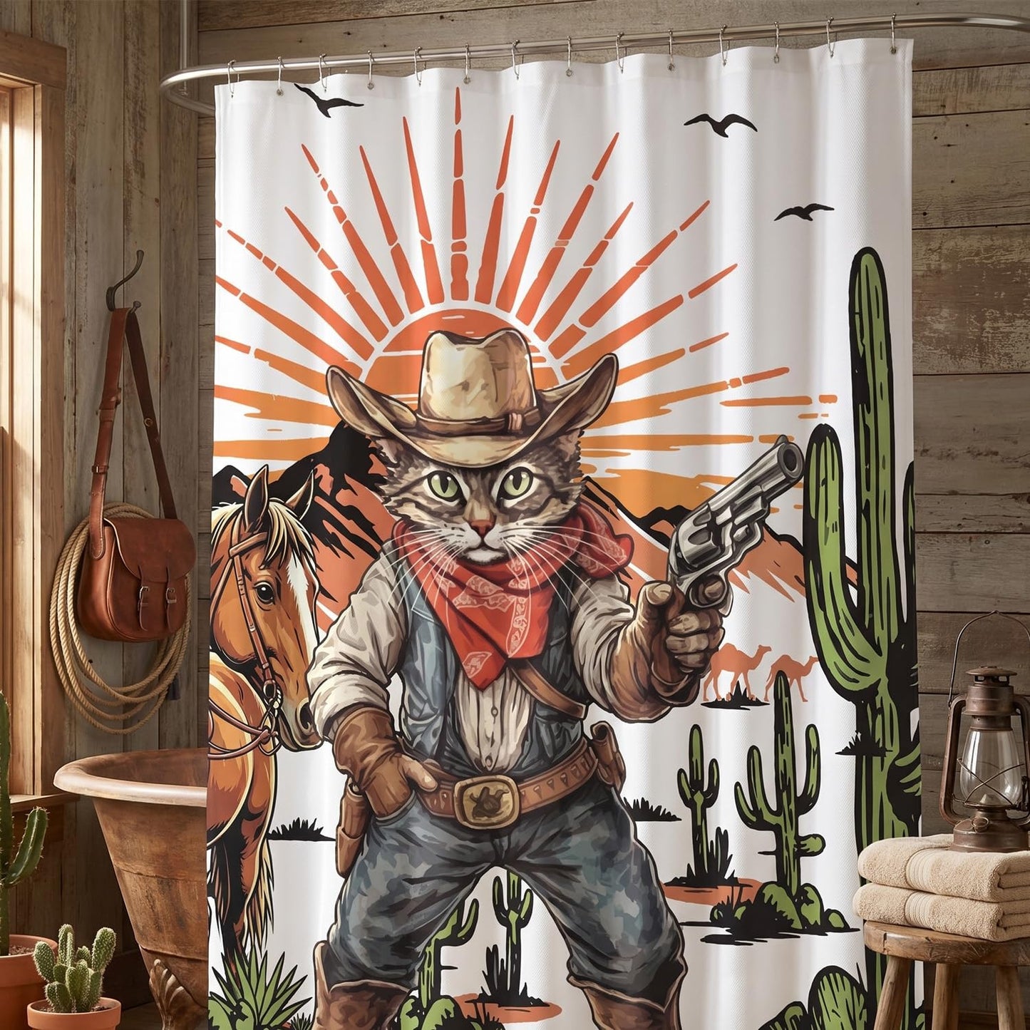 InIsaJace Cowboy Cat Shower Curtain, Funny Western Shower Curtains for Bathroom Decor, Waterproof Cactus Bath Tub Curtain with Hooks(71 X 71 Inches)