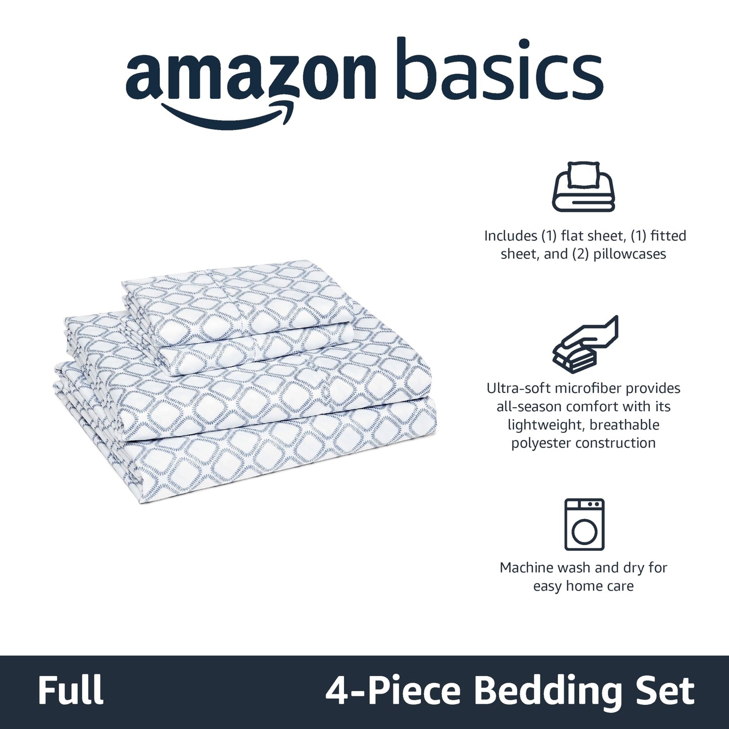 Amazon Basics Lightweight Microfiber 4-Piece Bed Sheet Set, Full, Aqua, Printed