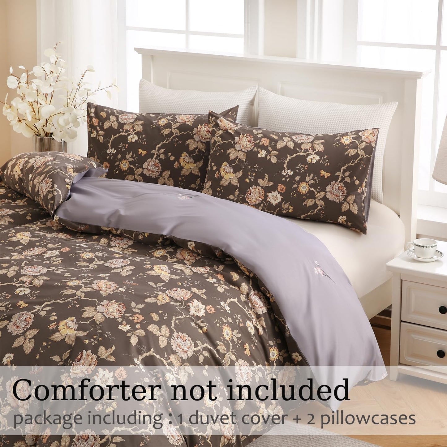 Zusbest Grey Brown Duvet Cover King 100% Cotton Shabby Vintage Floral Bedding Mocha Comforter Cover with Zipper, Soft Skin-Friendly Breathable, Peony Flower Print Bed Set, 3 Pcs
