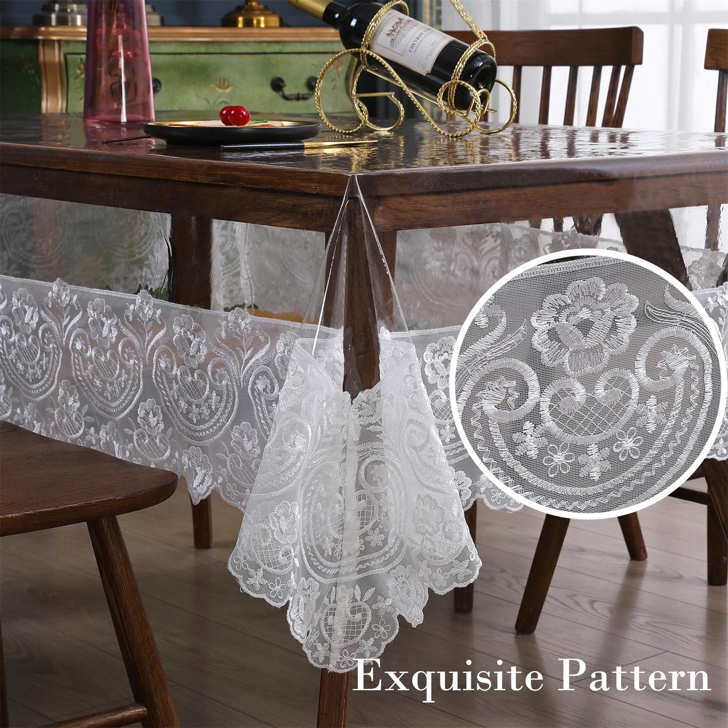 Clear Plastic Rectangle Tablecloth Vinyl Waterproof Table Cloth Embroidered Lace Edge Transparent Table Cover for Dining Kitchen Outdoor(52 x 70 inch, White)