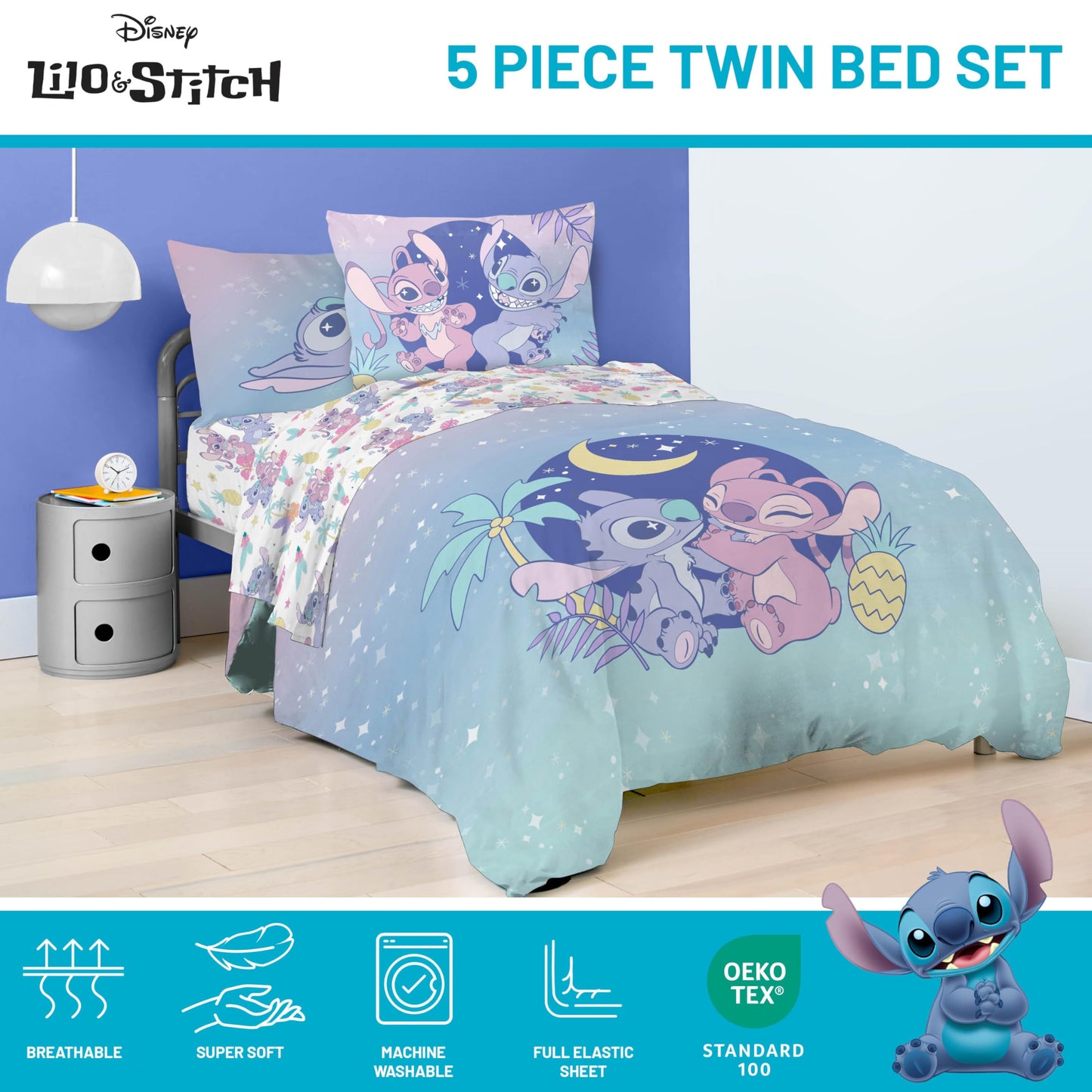 Disney Lilo & Stitch Twin Comforter Set, 5 Piece Bed in a Bag with Stitch & Angel - Super Soft Fade Resistant Microfiber Girls Bedding - Machine Washable (Officially Licensed Disney) by Jay Franco