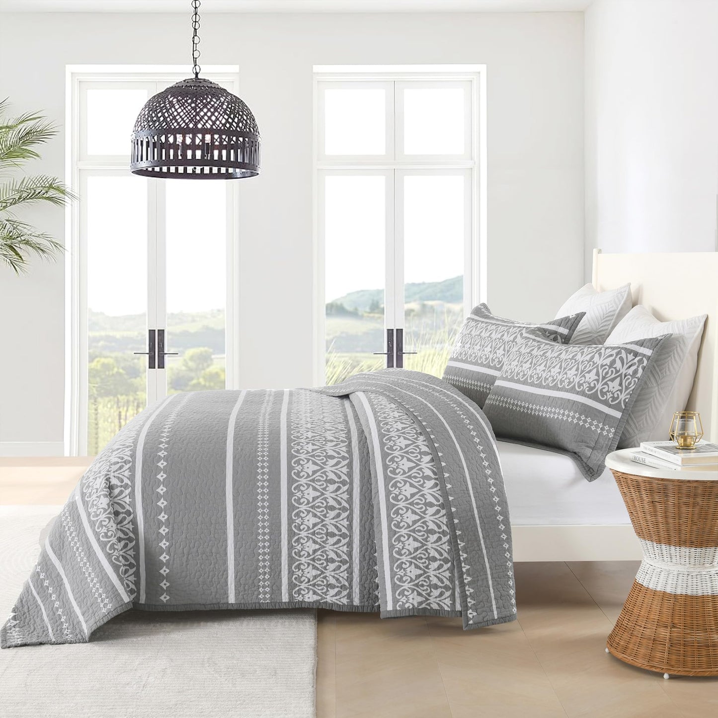 BCOTTOND Queen Quilt Set 100% Cotton Boho Queen Quilt,Grey Bohemian Striped Pattern Bedspread Queen Lightweight Quilt Bedding Set Comforet Set All Season 3 Piece