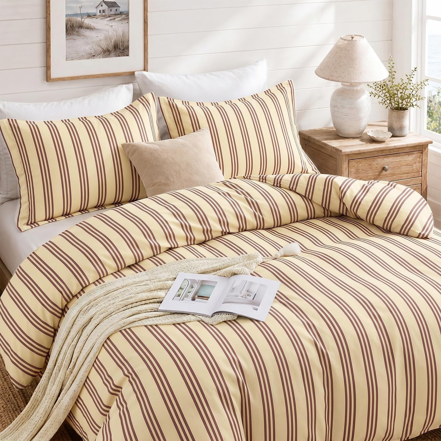 JOLLYVOGUE Striped Duvet Cover Queen, Yellow Duvet Cover with Red Stripes