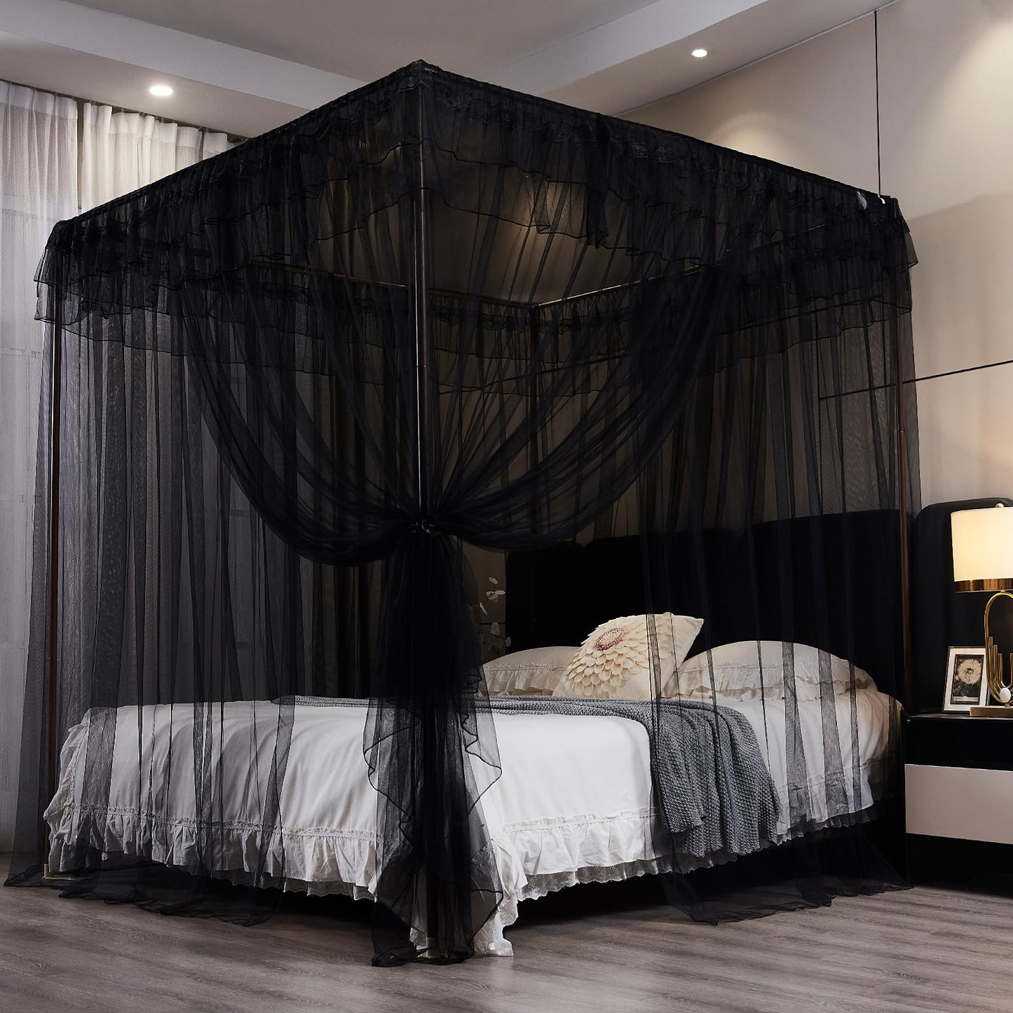 Kertnic Black Canopy Bed Curtains for Girls & Adults, Queen King Bed Canopy Drapes Netting, Practical Mosquito Net for Bed (King- 86" W*78" L*82" H)