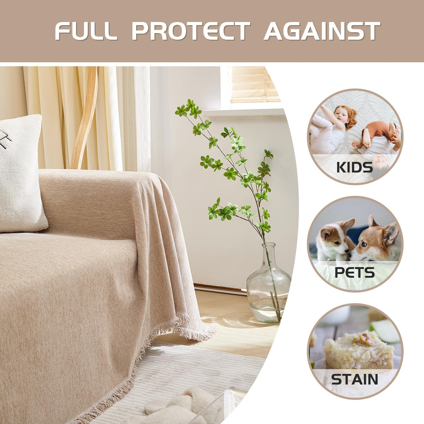 MEETSKY Sofa Cover Couch Covers for 2 Cushion Couch Sofa, Washable Couch Cover Blanket with Tassel for Living Room Sectional Sofa Slipcovers for Dogs Large Couch Protector, 71" x 118", Khaki