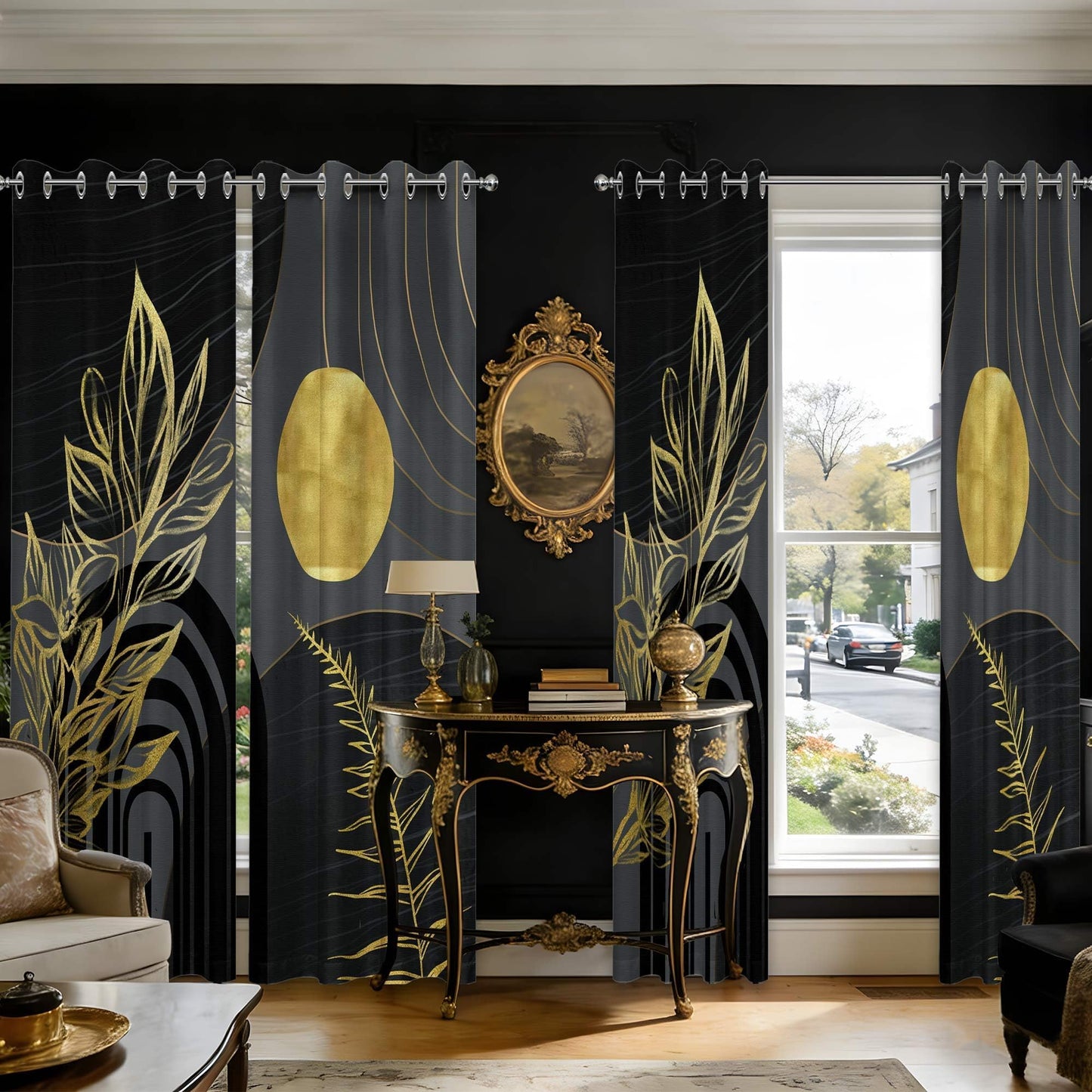 soeeao Black and Gold Blackout Curtains, Masculine Gold and Black Mid Century Modern Window Drapes for Mens Bedroom Living Room, 84 inch Length 2 Panels Set, 52x84 inch