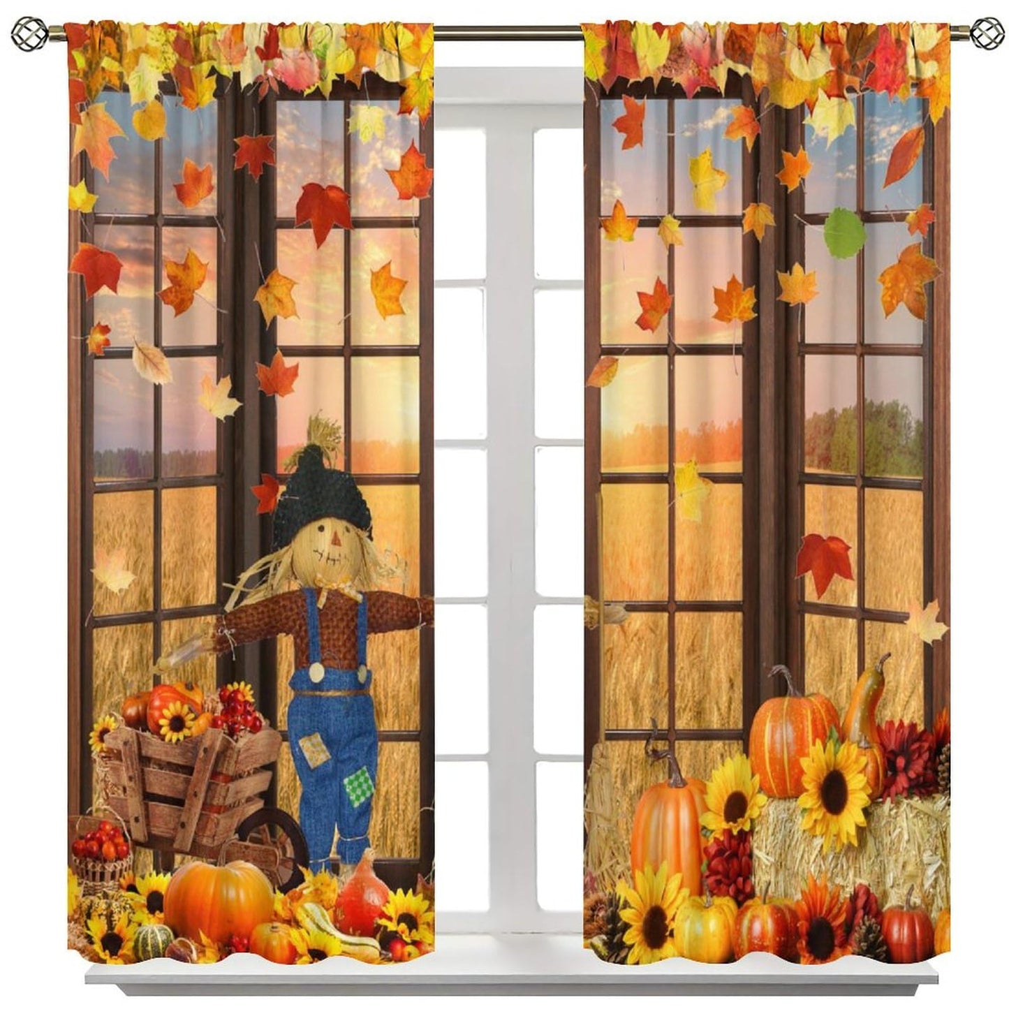 Autumn Decor Curtains for Kitchen,Autumn Sunset Paddy Field Maple Leaf Falling Leaves Harvest Fruit Pumpkin Sunflower Flower Scarecrow Window Drapes for Boys Girls Bedroom Living Room 42x45in