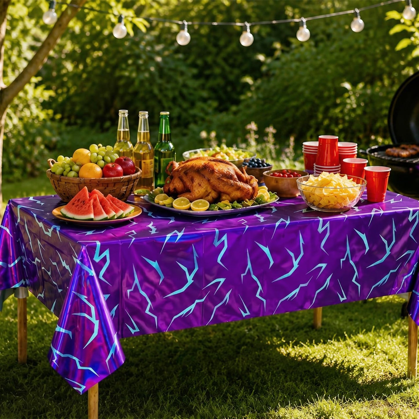 2 Pack K-Style Purple Birthday Decorations, 54x108 Inch Iridescent Holographic Laser Tablecloth Purple Lightning Pattern Disposable Waterproof Plastic Table Covers for Kids Girl Disco Halloween Party