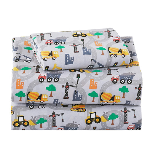 Softan Kids Bed Sheet Set, 4-Piece Full Size Sheets, Microfiber Fitted Sheet with 15 Inches Deep Pocket and Corner Straps, Breathable & Silky Soft Excavator Pattern Sheet and Pillowcase Sets