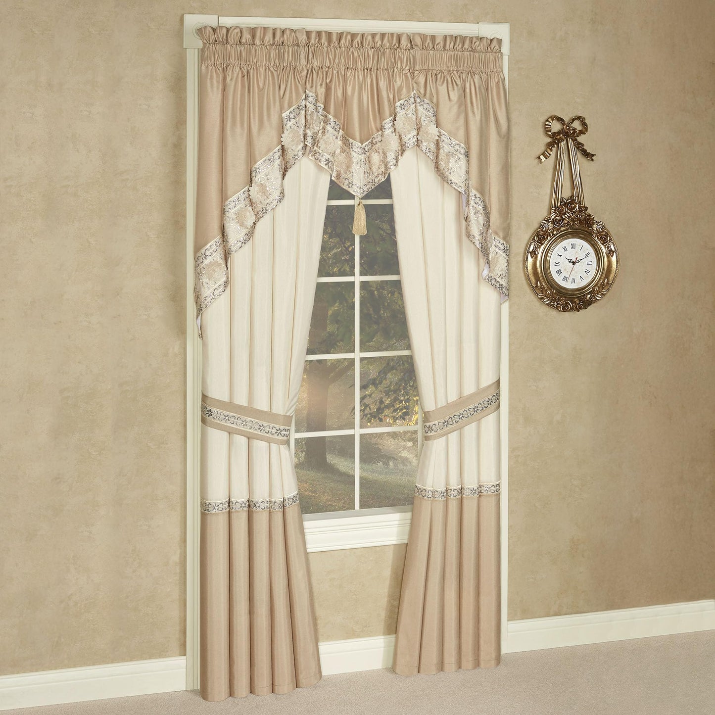 Luxury Elegante Sophisticated Polyester Faux Silk Window Treatment | Light Cream Ivory Metallic Gold | Sequins Embroidery Floral | 3 Piece Set with Ascot Valance and Swag Pair and 84L Curtain Pair