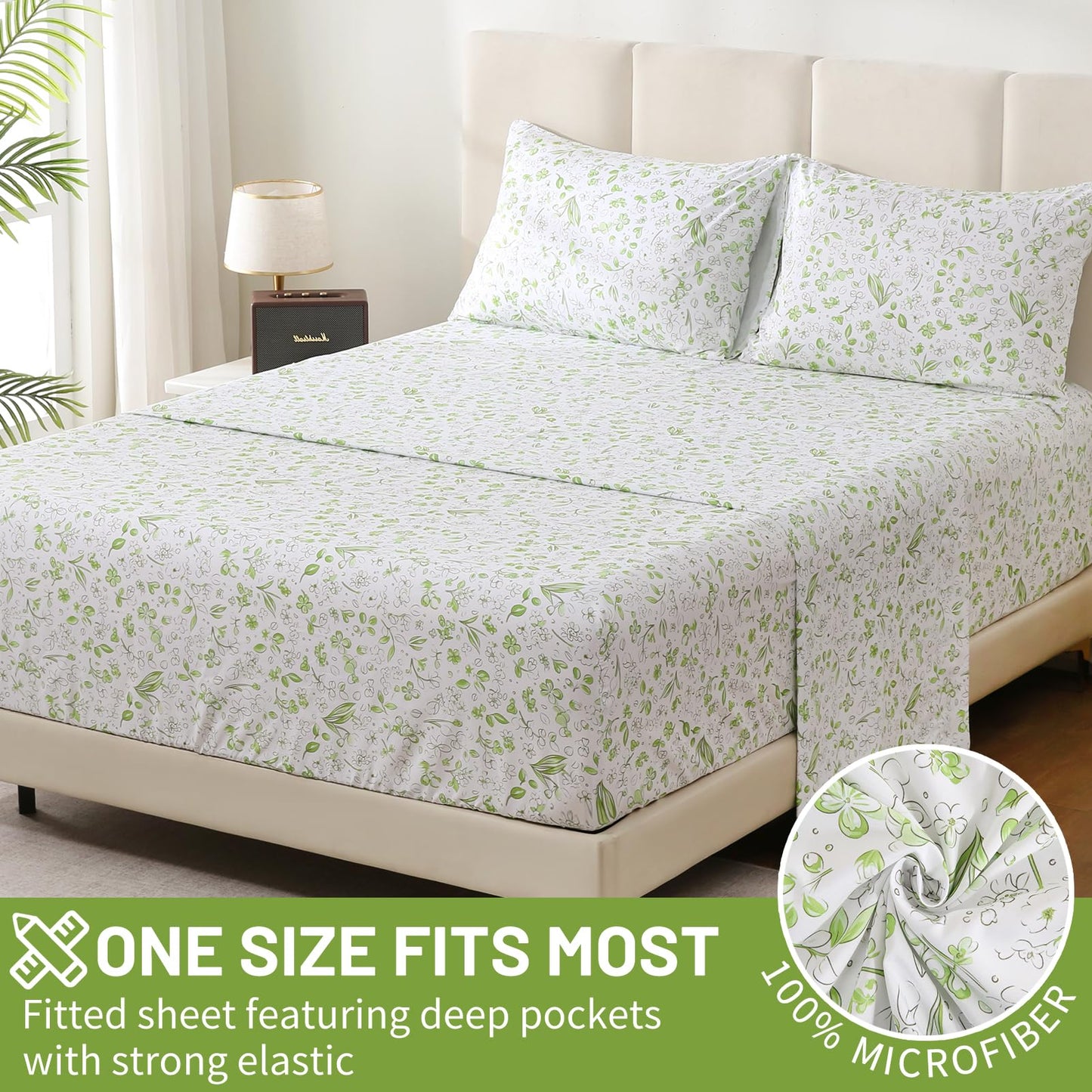 Bedlifes Queen Sheet Set Ultra Soft, Breathable, Silky Flower Deep Pocket 100% Microfiber Bedding, 4 Piece Queen Size Green Floral