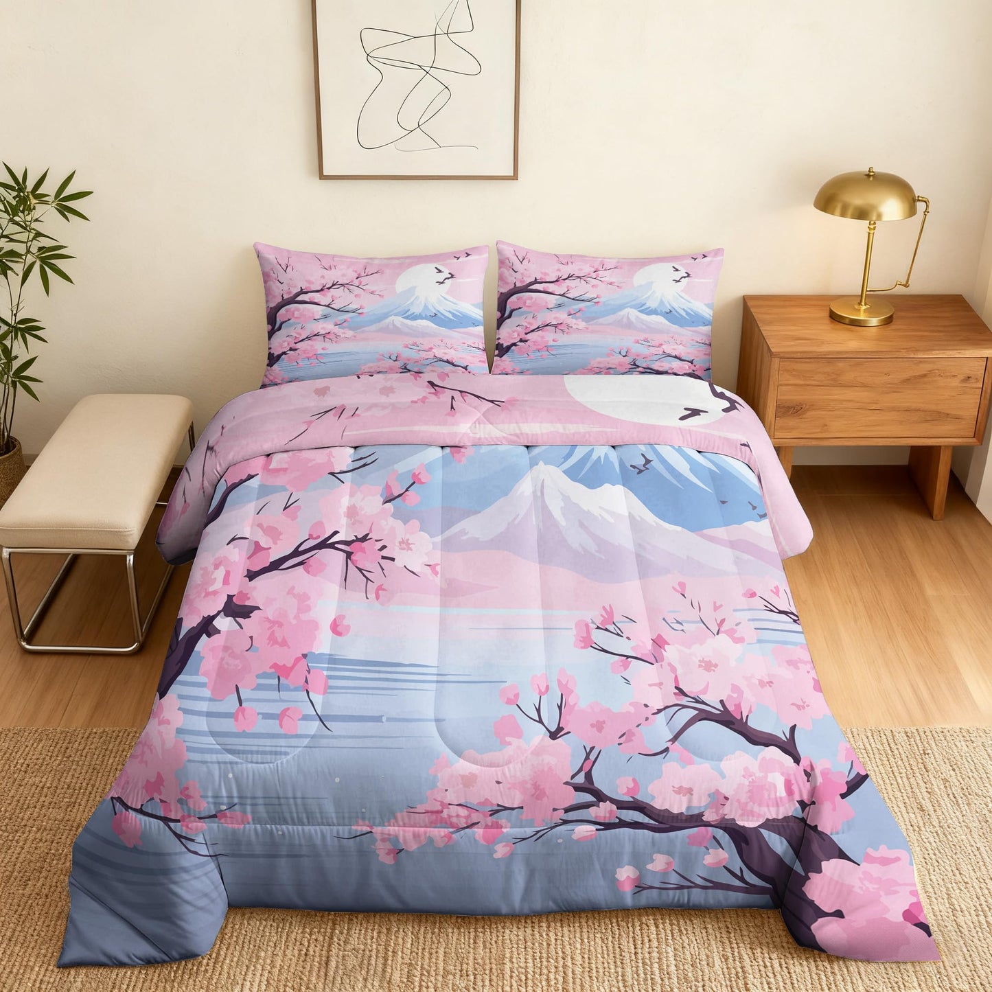 ZDABAOEC Cherry Blossom Twin Comforter Set 2 Piece, 1 Pillow Sham, Oriental Asian Japanese Reversible Down Alternative All Season Bedding, Soft Microfiber, Cherry Blossom Bedroom Decor