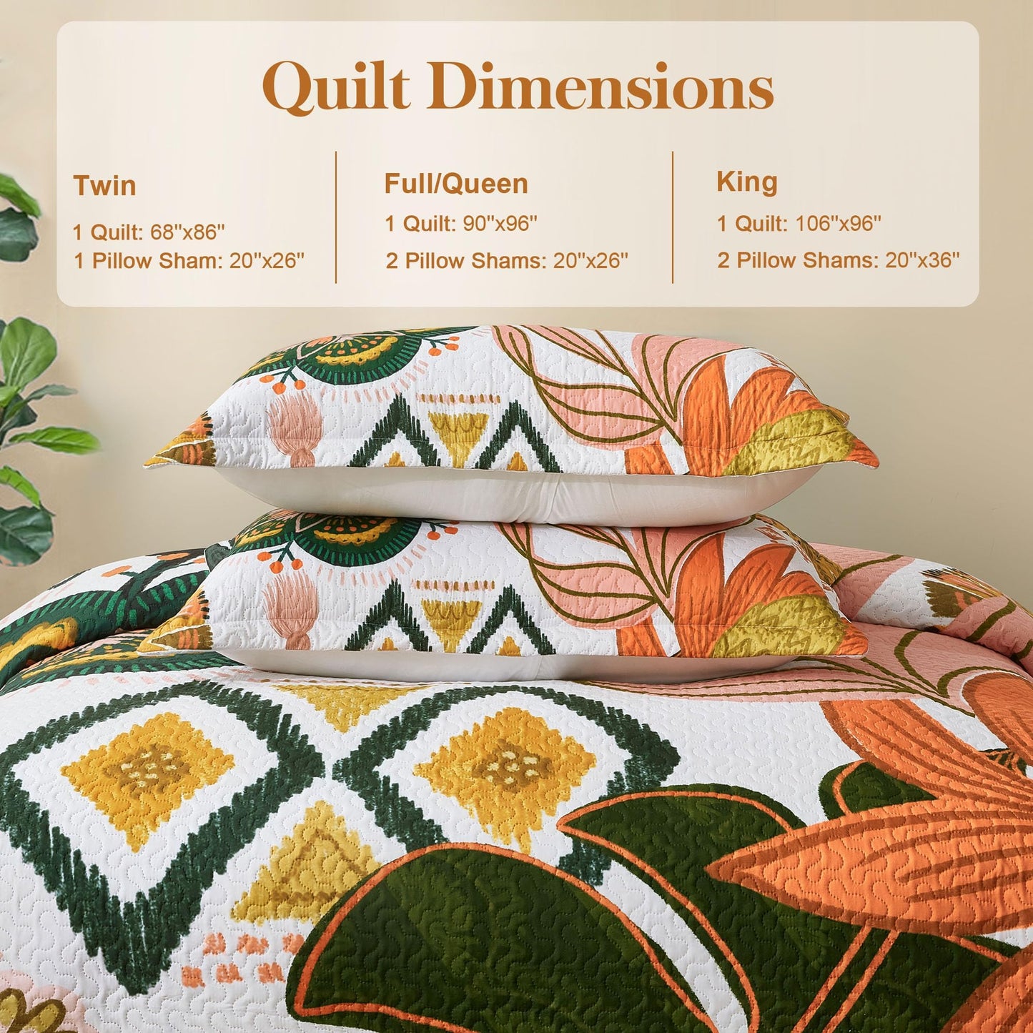 Tyrot 3 Piece Boho Floral Full/Queen Quilt Sets Farmhouse Botanical Reversible Lightweight Bedspread Coverlet with 2 Shams Mid Century Leaves Microfiber Bedding Quilts Set for All Season, 90''x96''