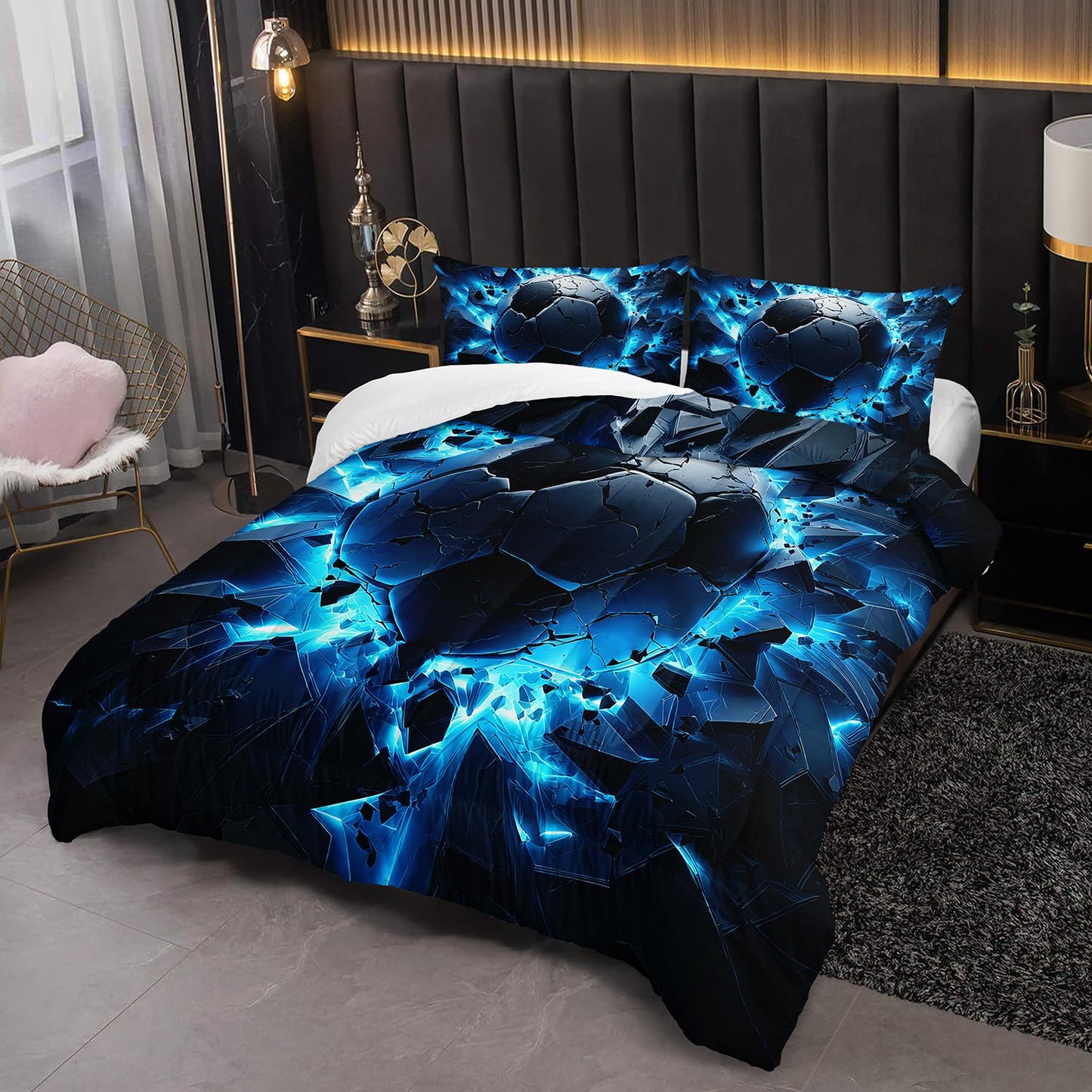 Soccer Print Comforter 3Pcs Twin Blue Sport Soccer Broken Wall Bedding Set
