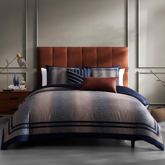 Bebejan Dark Blue Animal Prints 5 Piece Comforter Set, 100% Cotton Sateen, 220 Thread Count, Reversible Bedding Comforter Set, 1 Comforter, 2 Shams & 2 Pillows (King/Cal King)