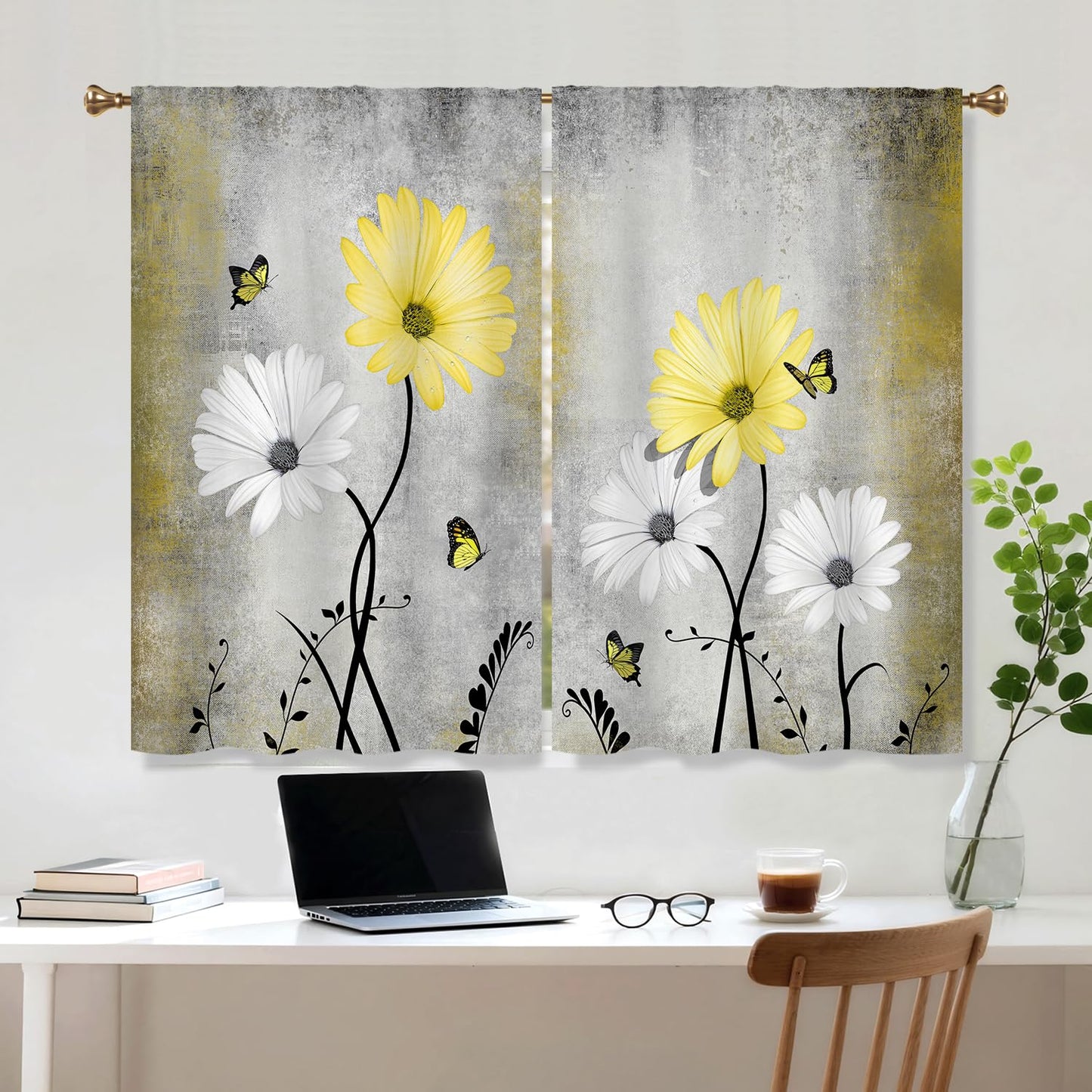 Cizuug Yellow Daisy Rustic Farmhouse Kitchen Curtains Watercolor Floral Flower Small Short Cafe Window Curtains Butterfly Country Bathroom Drapes Treatment Tier Curtains 2 Panels