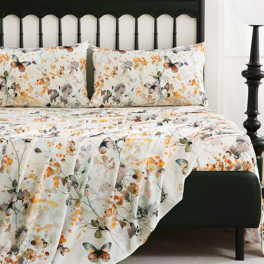 CozySmile Floral Printed Sheet Set King Size 4 Piece,Soft & Breathable Deep Pocket 16" Cooling Wrinkle Free Comforter Bed Set Botanical Pattern Sheets (King, Butterflies Dancing)
