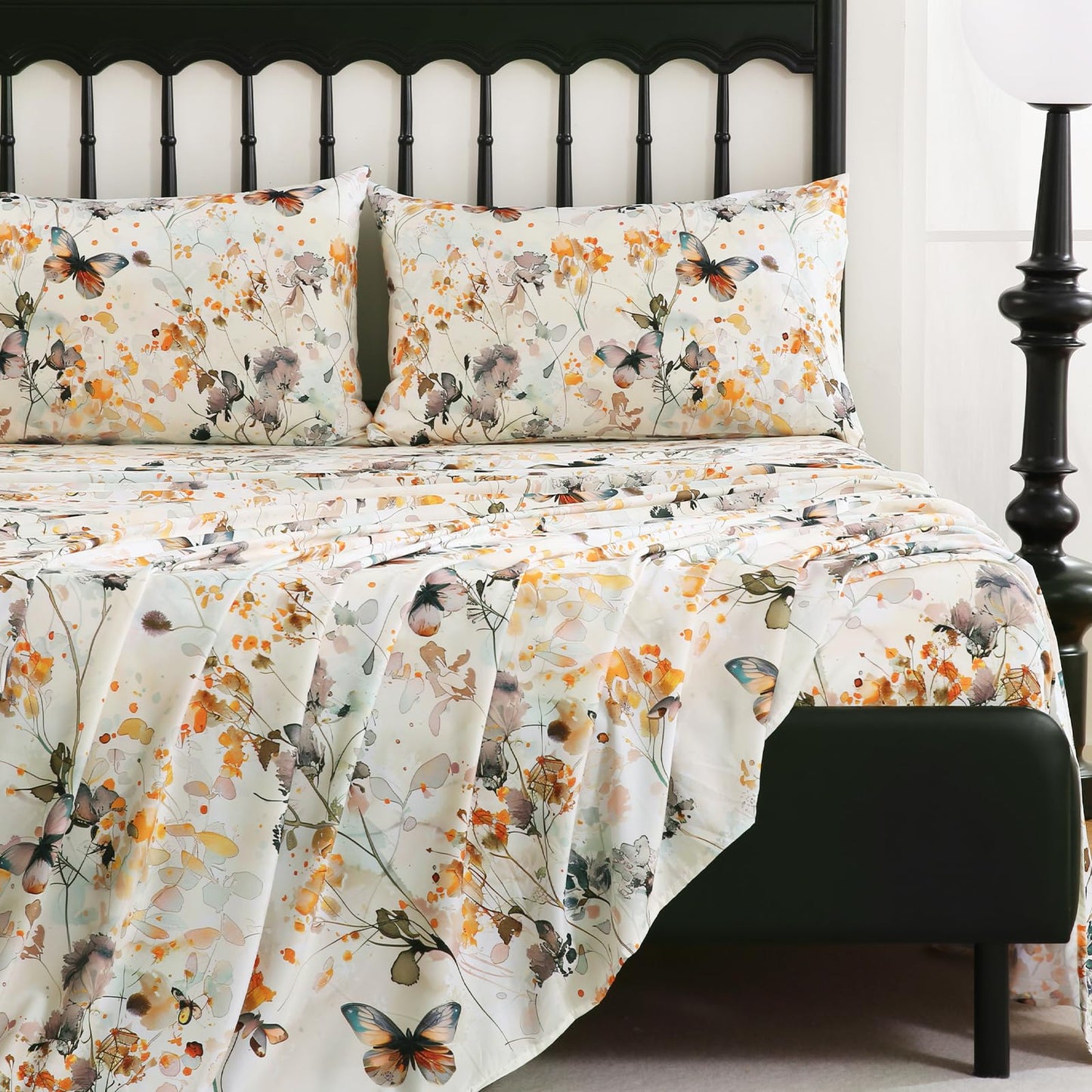CozySmile Queen Size Printed Sheet Set Soft & Breathable Bedding Deep Pocket 16" Cooling Wrinkle Free Comforter Bed Set Botanical Pattern Sheets (Queen, Butterflies Dancing)