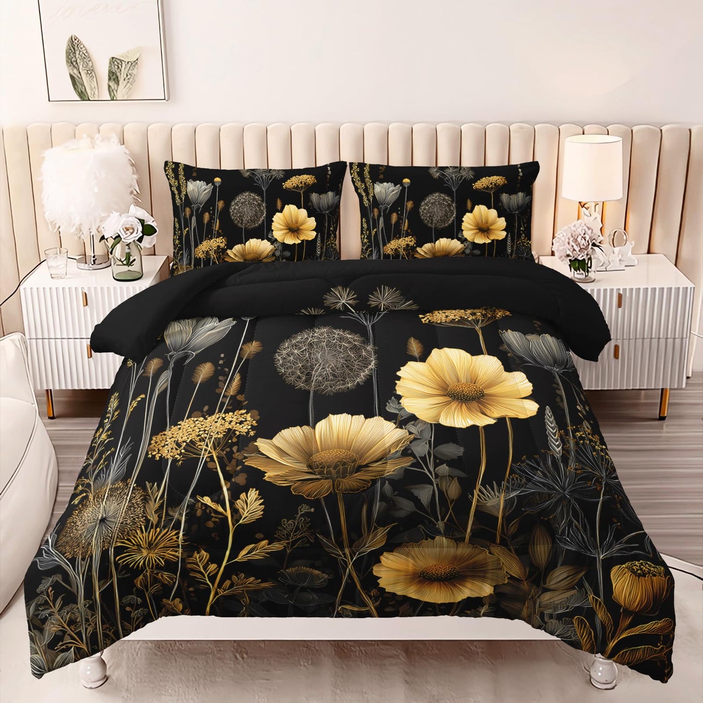 AILONEN Dark Meadow Full Comforter Set 3 Piece, Yellow Poppy Bedding Pack, Dandelion Stem Art, Guest Bedroom, 2 Pillowcases