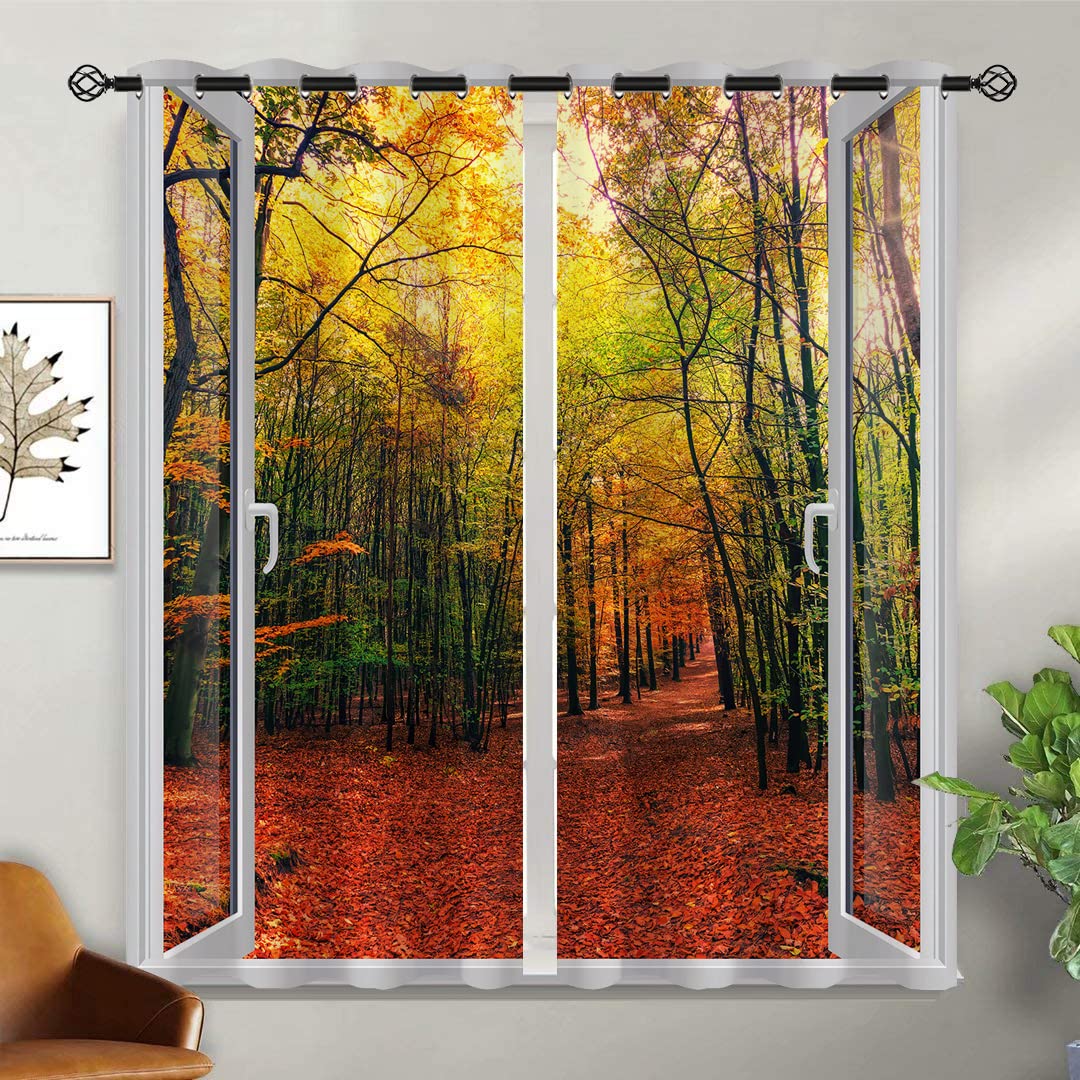 Forest Blackout Curtains for Girls Boy Home Decor, Nature Autumn Woodland Trees Scenery Grommet Thermal Insulated Drapes Darkening Window Curtain for Bedroom Living Room, 42 x 45 Inch