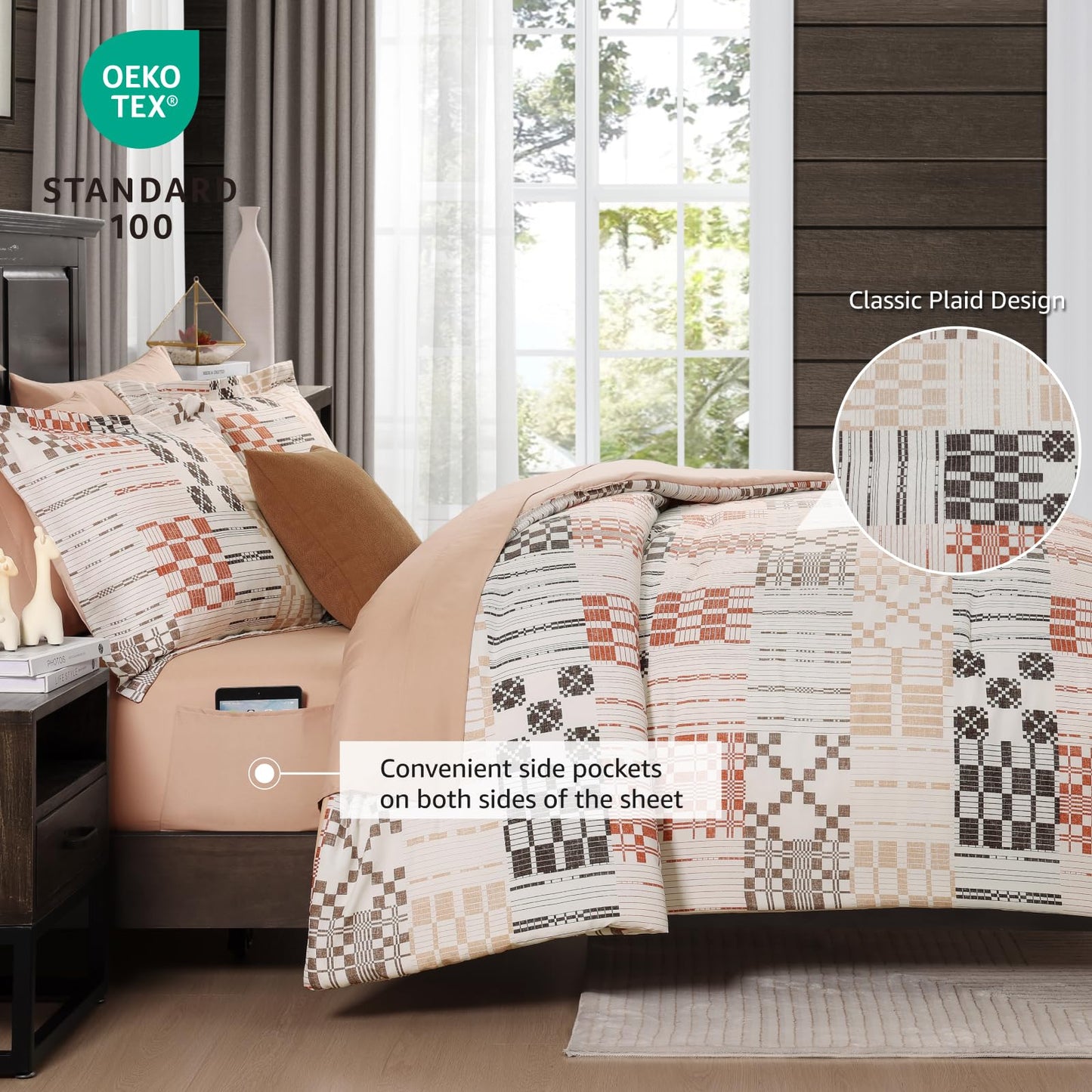 MaiRêve Queen Comforter Set, Classic Plaid Farmhouse Bedding Sets 7 Pieces, Beige All Season Bed in A Bag with Sheets, Pillowcases & Shams
