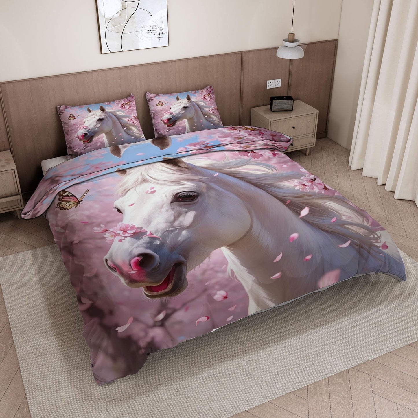 3D Horse Duvet Cover King Size 104x90in Soft Breathable Microfiber Cherry Blossoms Bedding Set Zipper Closure Reversible Comforter Cover 3 Pieces with 2 Pillow Shams (WJT 23-4)