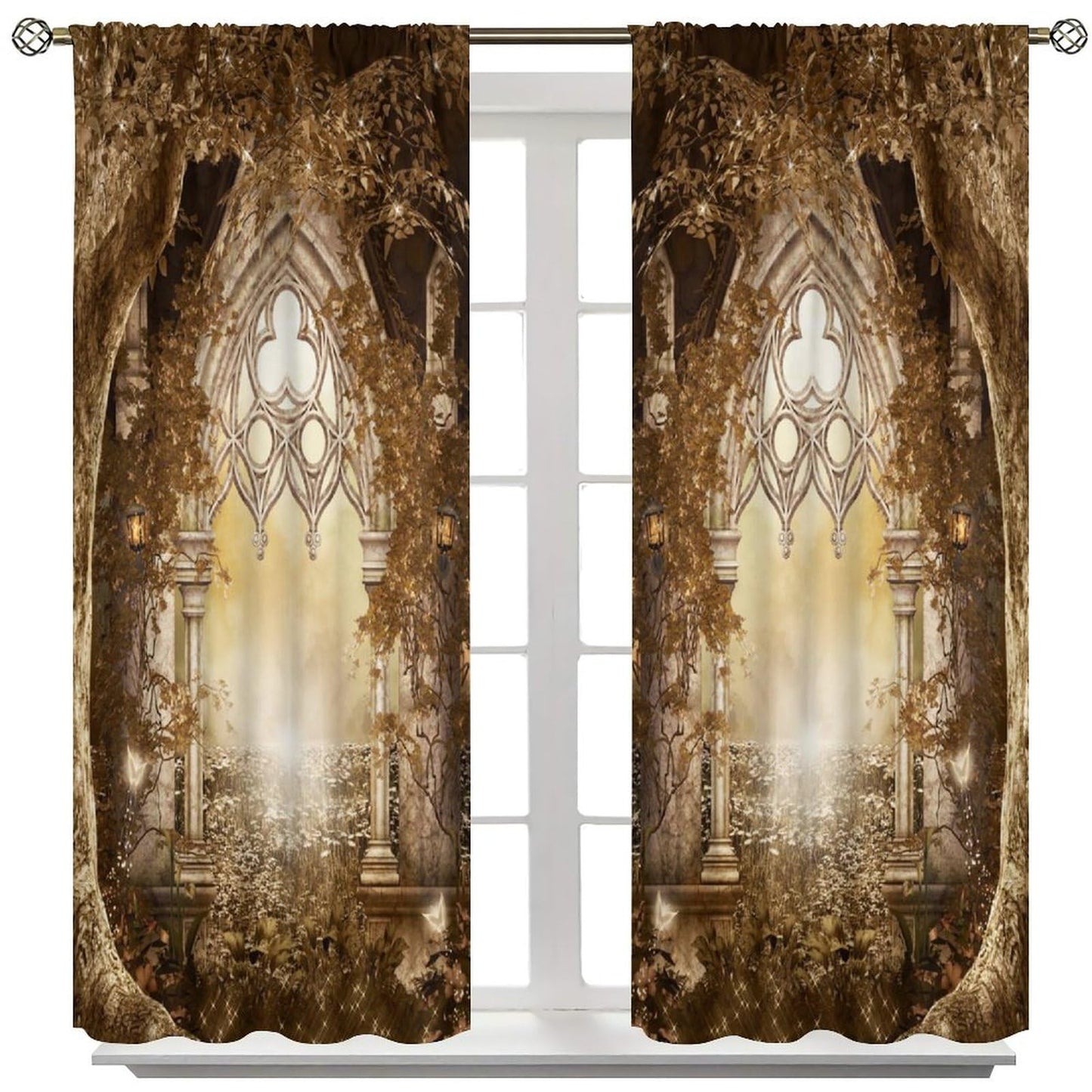 YCness Fantasy Nature Autumn Leaves Curtains, Landscape Golden Sparkle Gothic Fantasy Gate Magic Dreamland Fairy Window Treatments for Kitchen Living Room Bedroom Home, 2 Panels 42x45 Inch