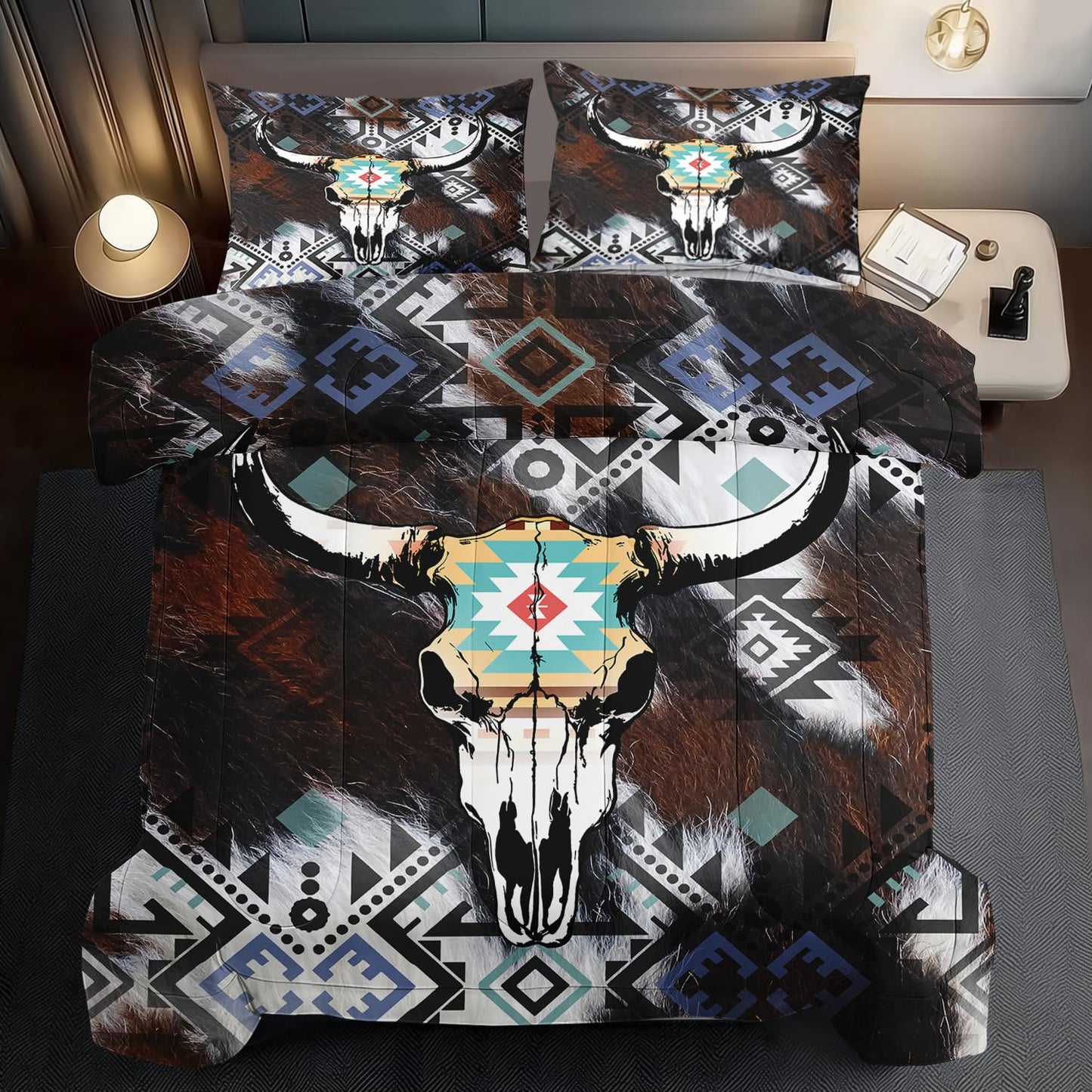 llyxsesty Western Comforter Set Queen,Shabby Chic Bedding Sets Queen,Boho Comforter Farmhouse Bedroom Decor,Cow Skull Western Quilt Cowboy Party Decorations,Cowboy Farmhouse Quilt for Boy