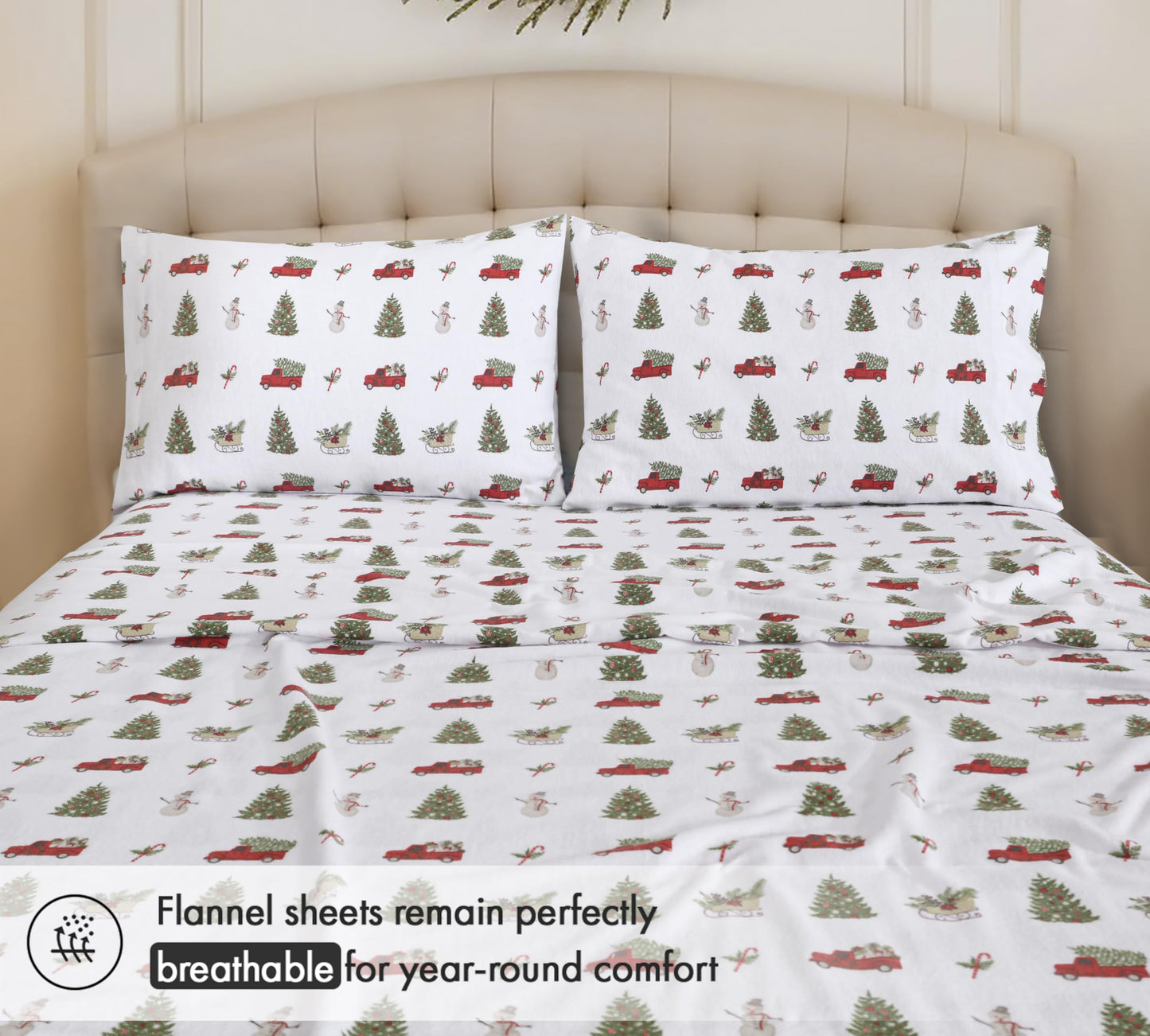 RUVANTI Flannel Sheets Queen Size - 100% Cotton Double Brushed Bed Sheets, Deep Pockets 16 Inches Queen Sheet Set, All Seasons Breathable & Extra Soft - Warm & Cozy, 4 Piece, Holiday Haul