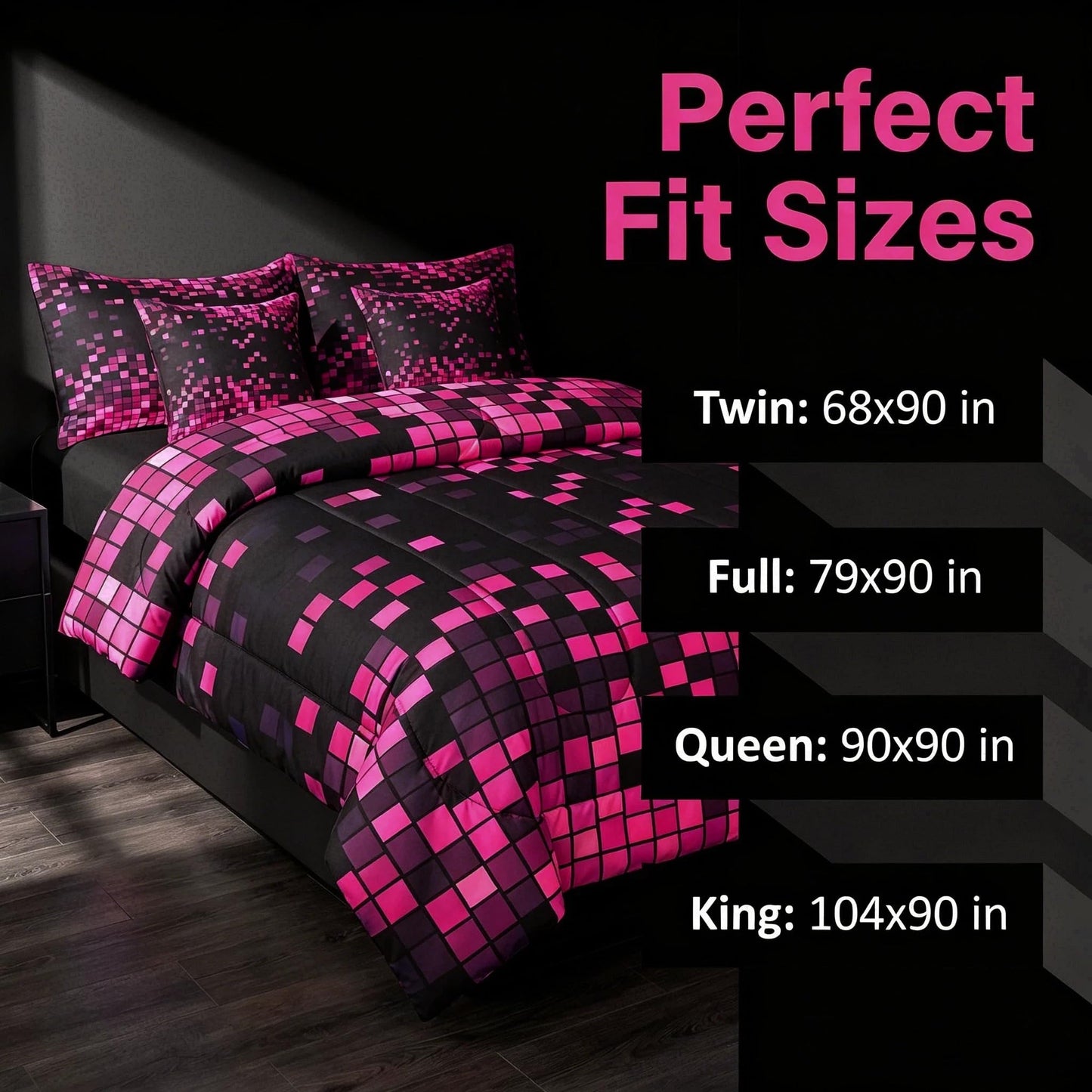 Feelyou Pink Black Gradient 8-bit Pixel Twin Comforter Set with Sheets for Kids Boys Girls Nostalgic Gamer 7 Pieces Bedding Set Retro Pixel Bed in a Bag Gaming Room Decor Room Decor Microfiber