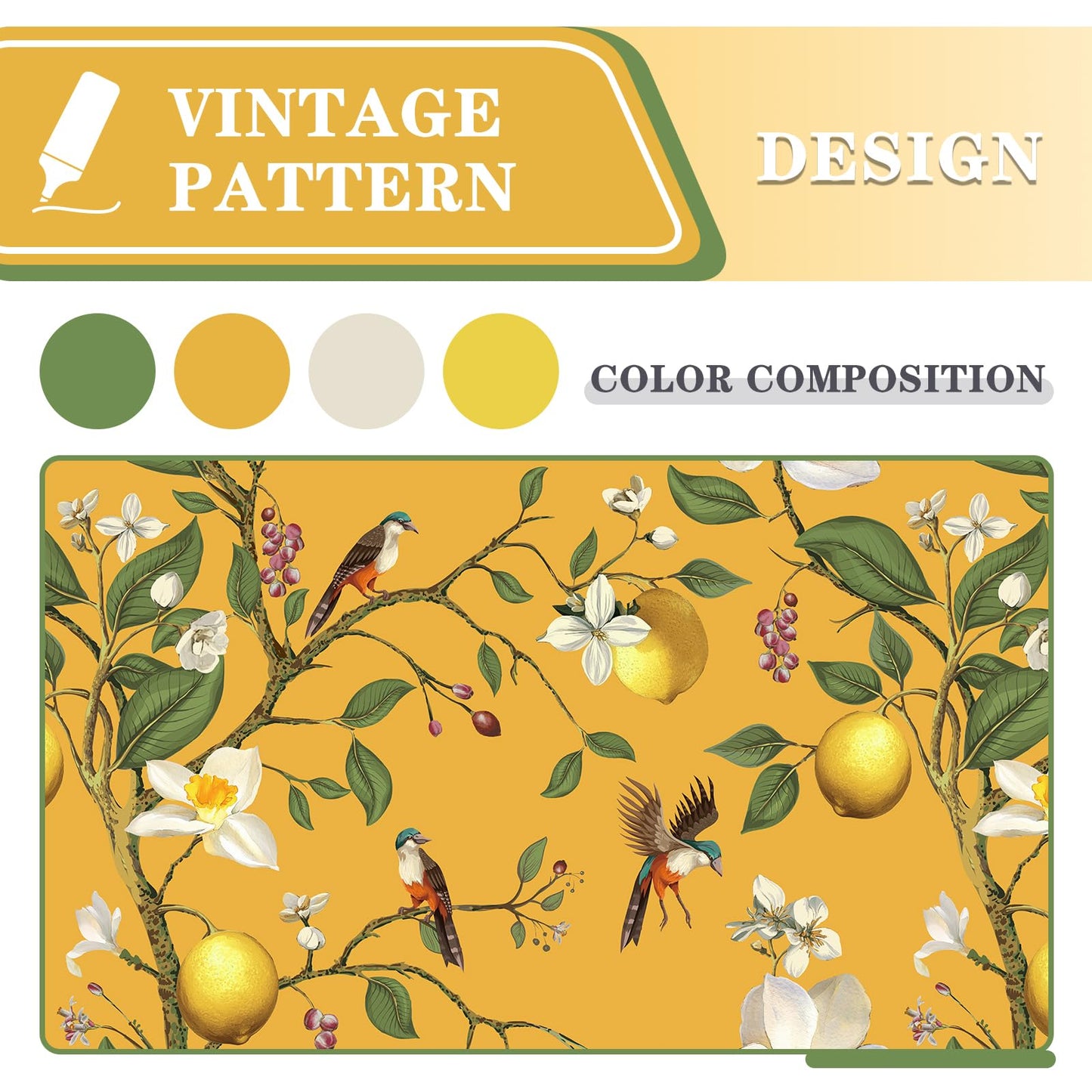 MYSKY HOME Yellow Floral Blackout Curtains 84 inch Long for Living Room Vintage Mid Century Style Lemon Hummingbird Patterned Room Darkening Privacy Drapes Grommet Bedroom Dining Room, 2 Pcs, 52"Wide